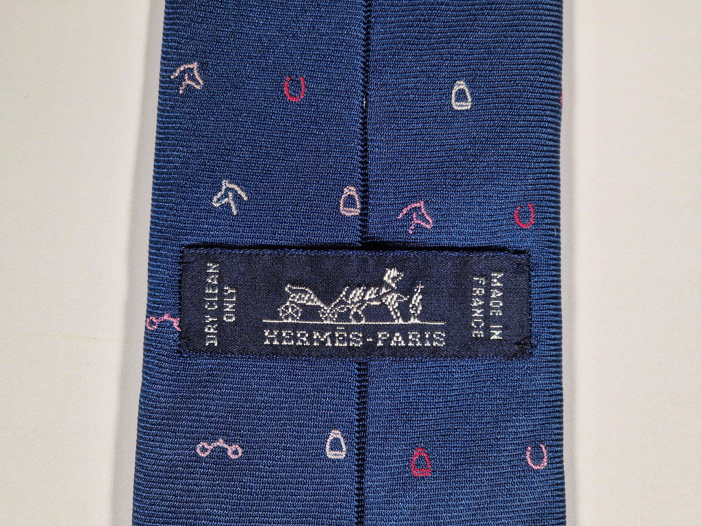 Hermès silk tie blue H and equestrian pattern 339362 T
