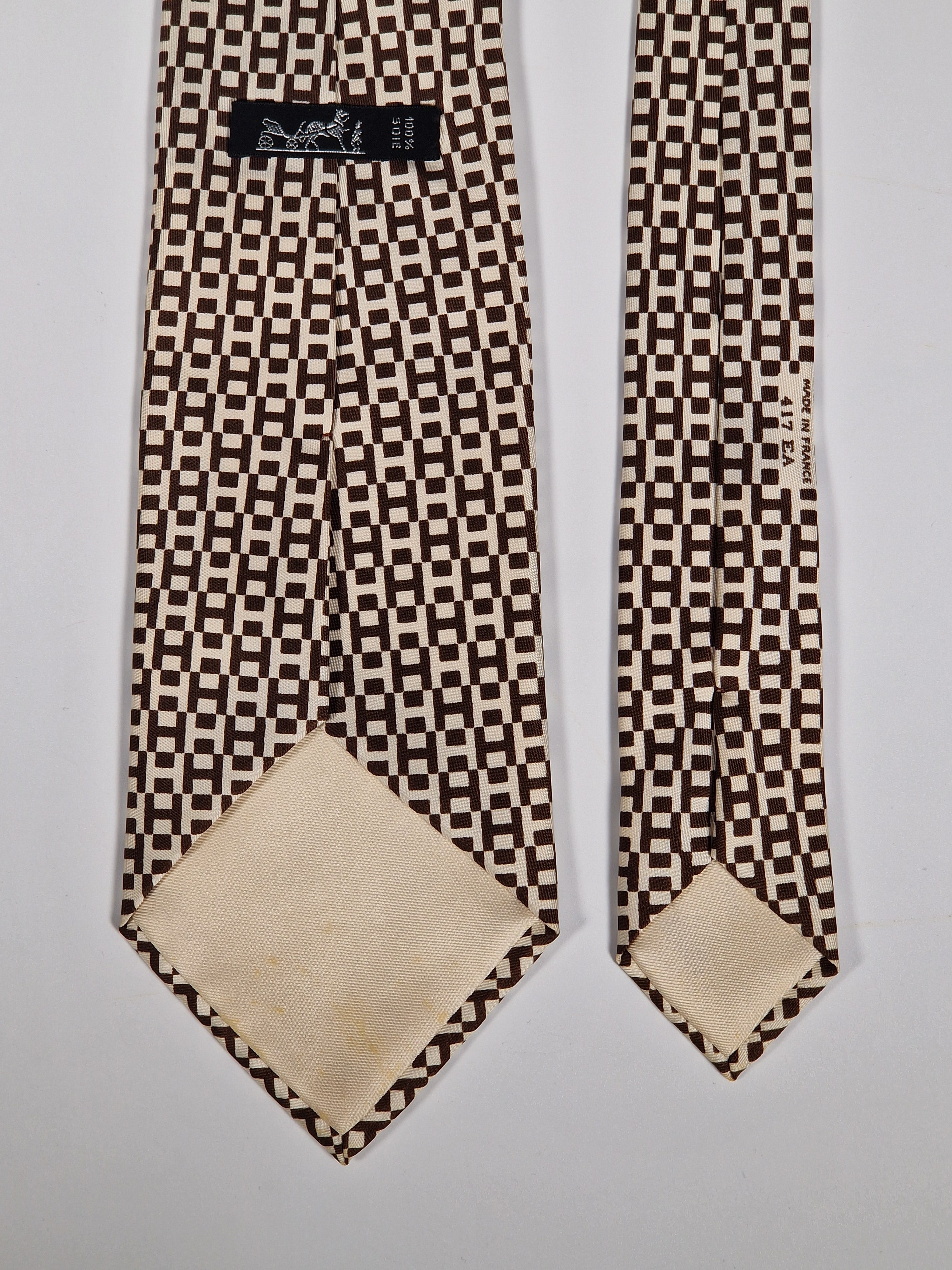 Vintage Hermès silk tie brown white H pattern 417 EA