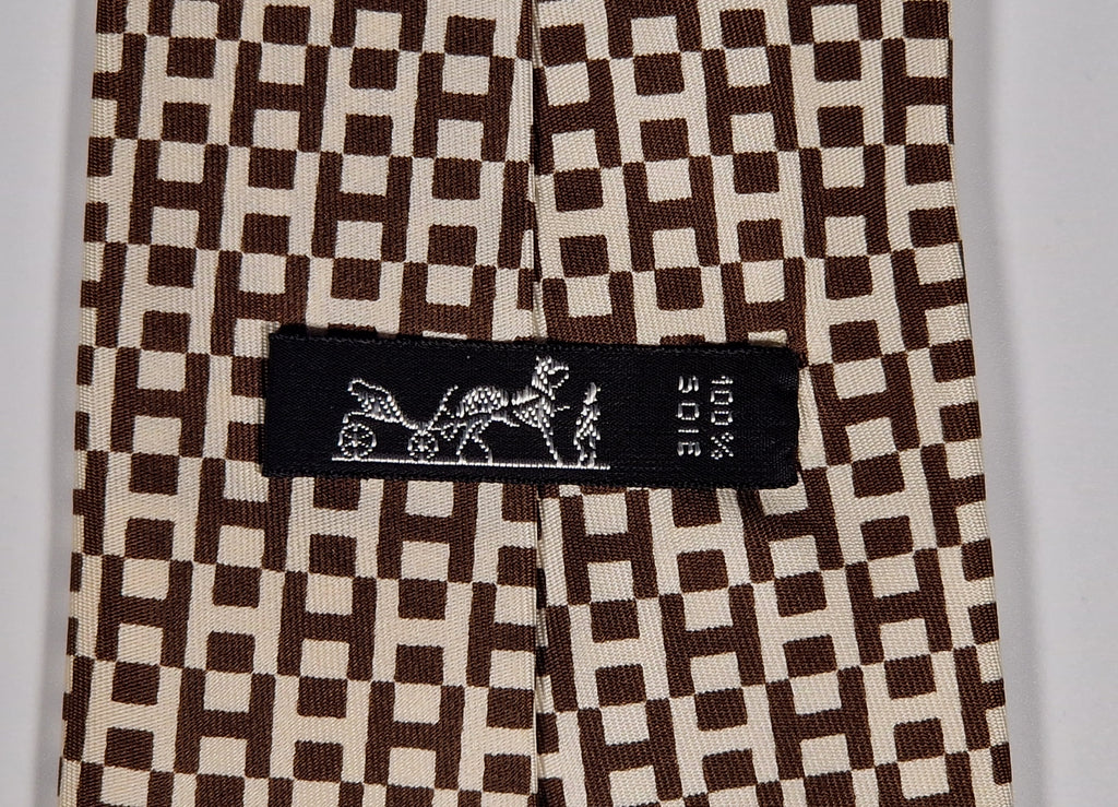Vintage Hermès silk tie brown white H pattern 417 EA