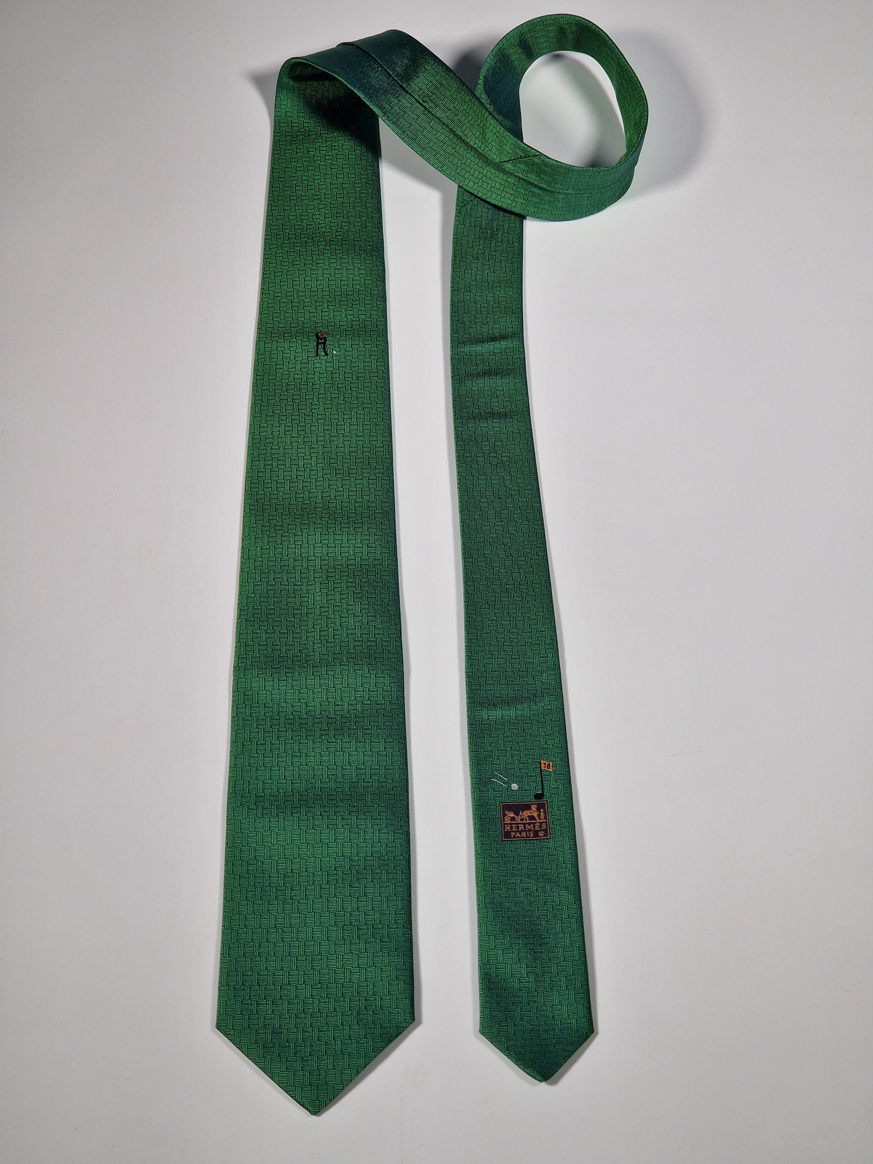 Hermès jaquard silk tie green H and golf pattern 428897 T