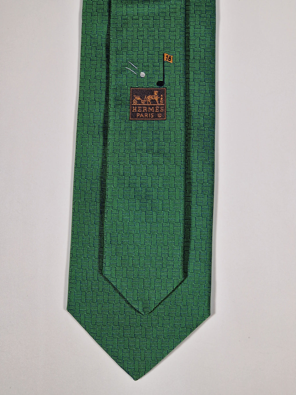 Hermès jaquard silk tie green H and golf pattern 428897 T