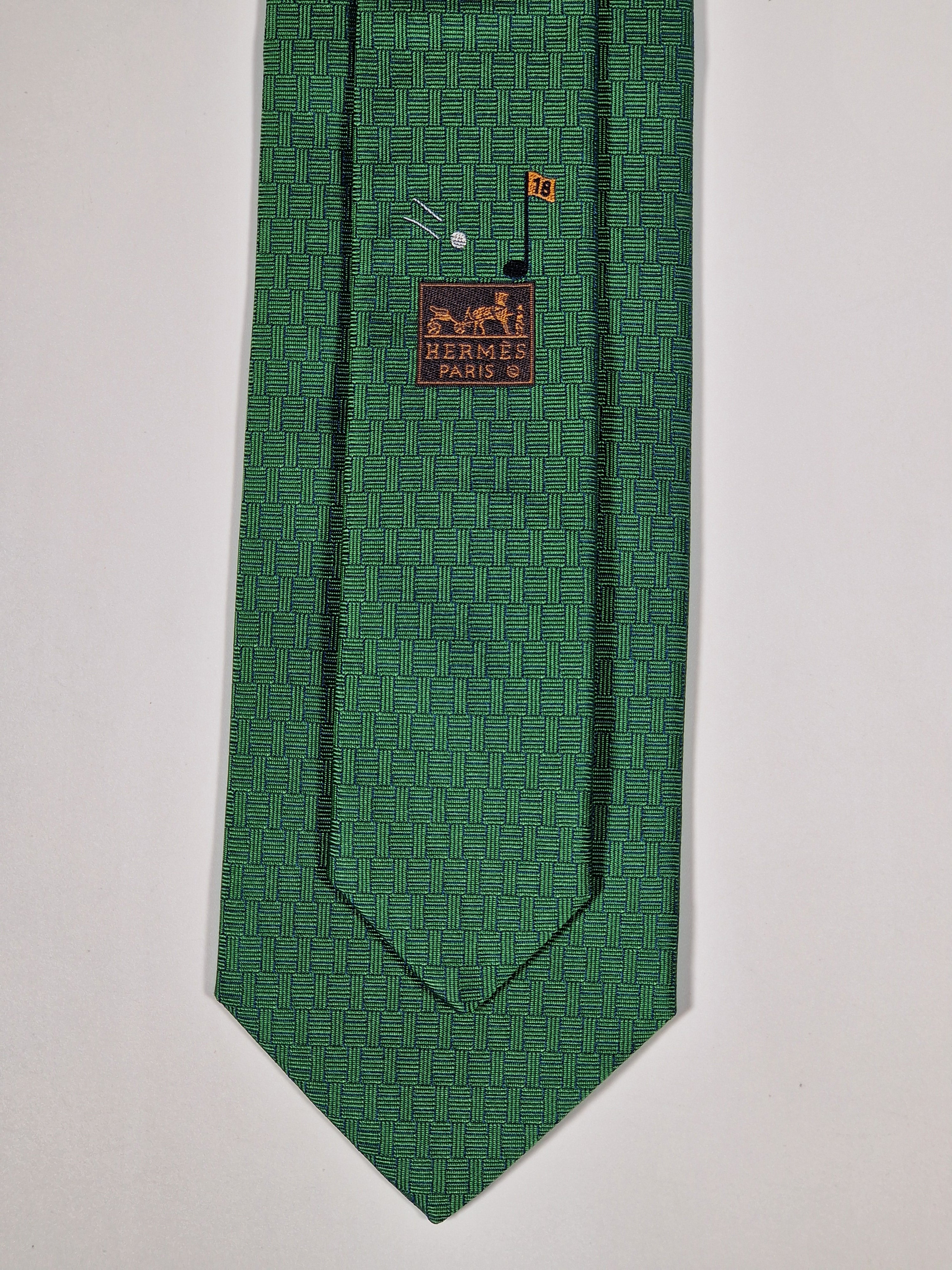 Hermès jaquard silk tie green H and golf pattern 428897 T