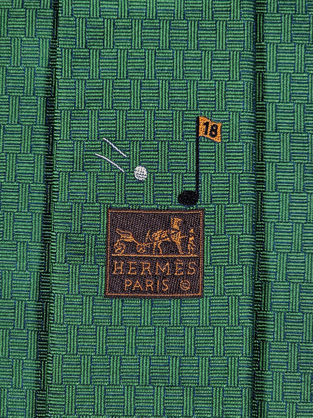 Hermès jaquard silk tie green H and golf pattern 428897 T