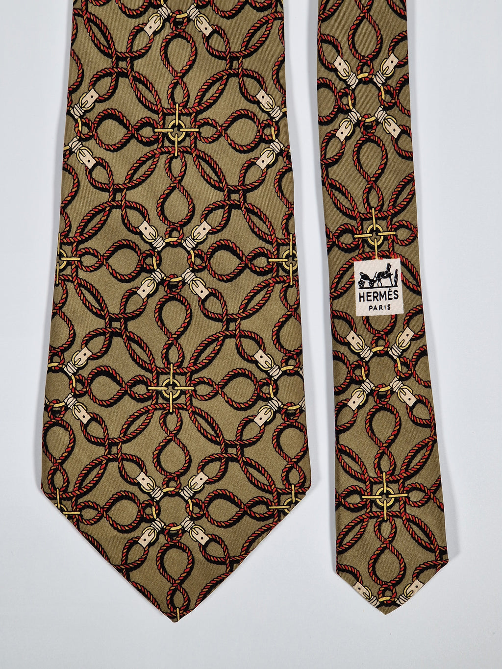 Hermés wide vintage silk tie gren ropes 496 HA