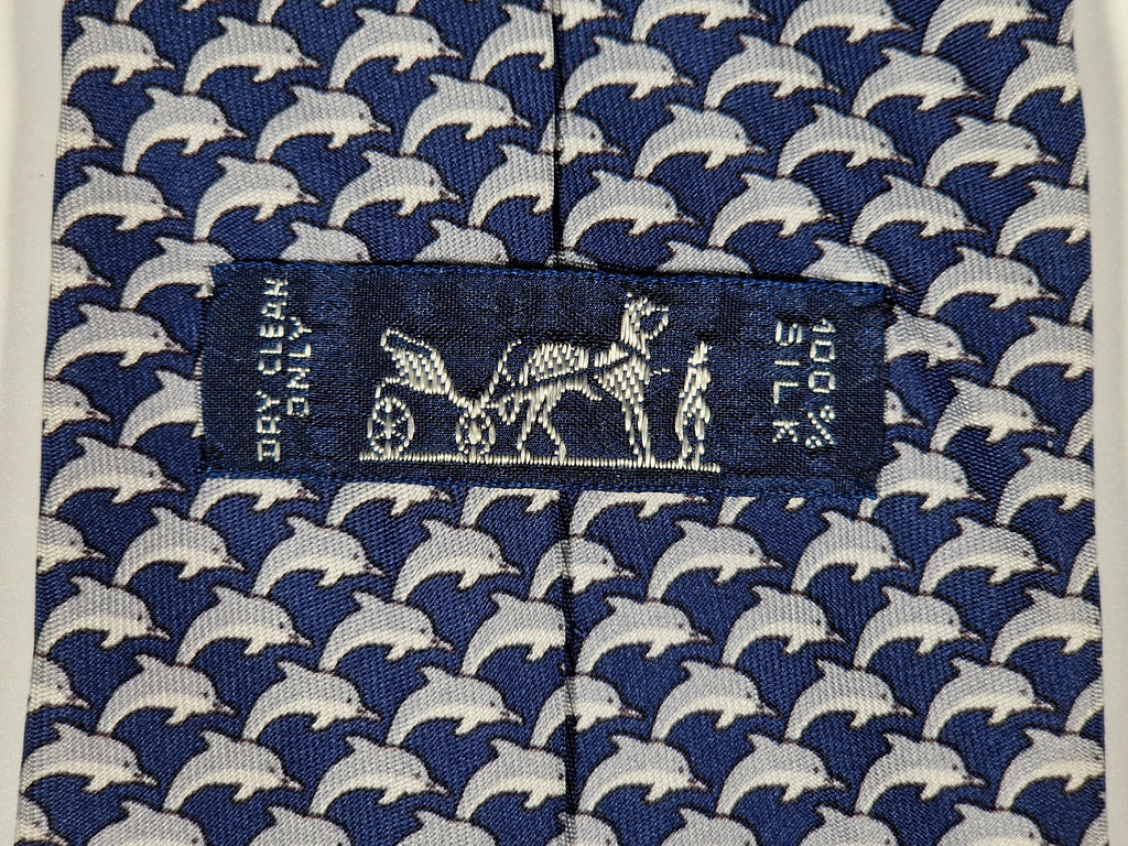005022 Hermès tie blue dolphin pattern 5022 PA