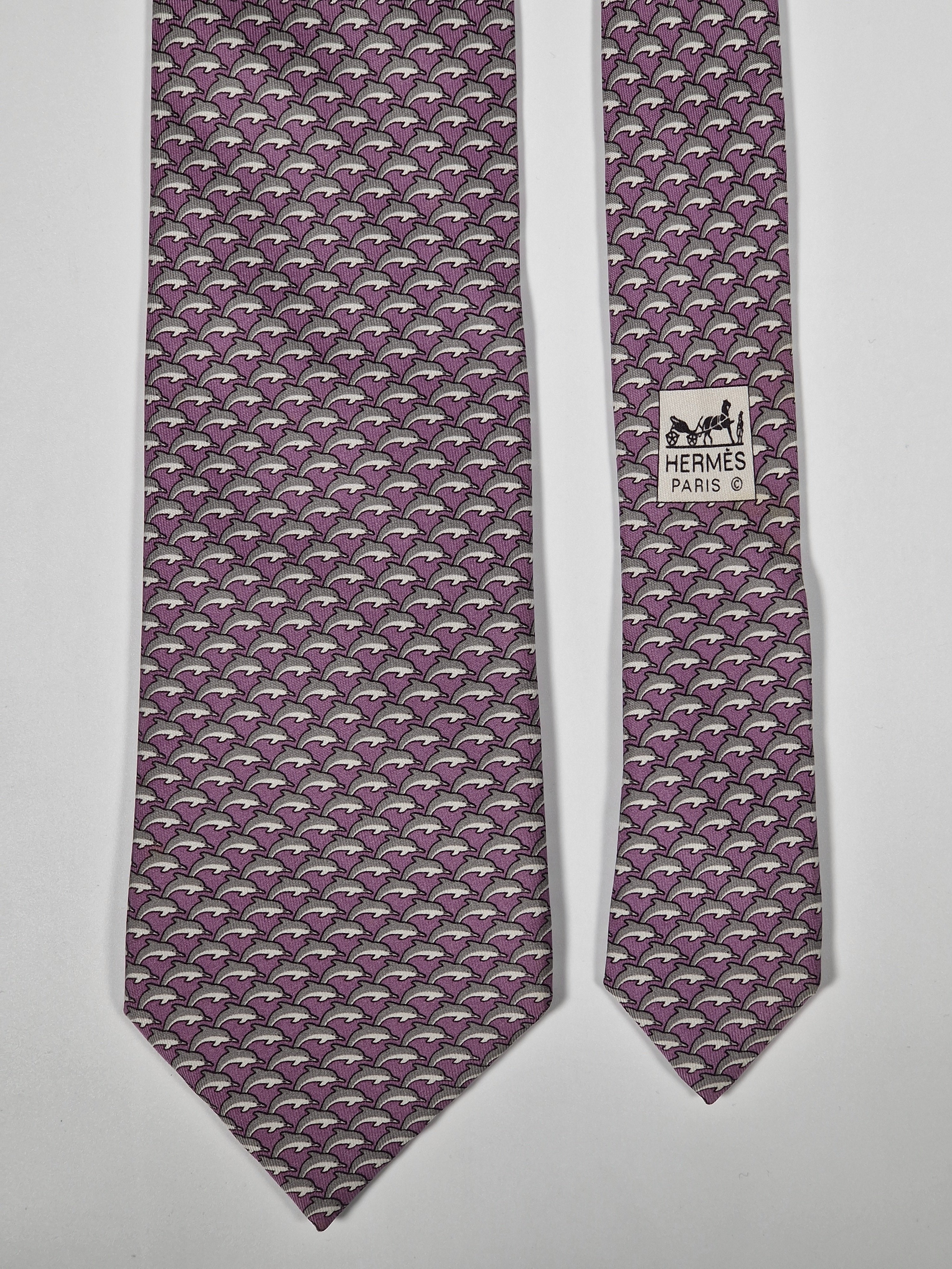 Hermès silk tie purple dolphin pattern 5022 PA