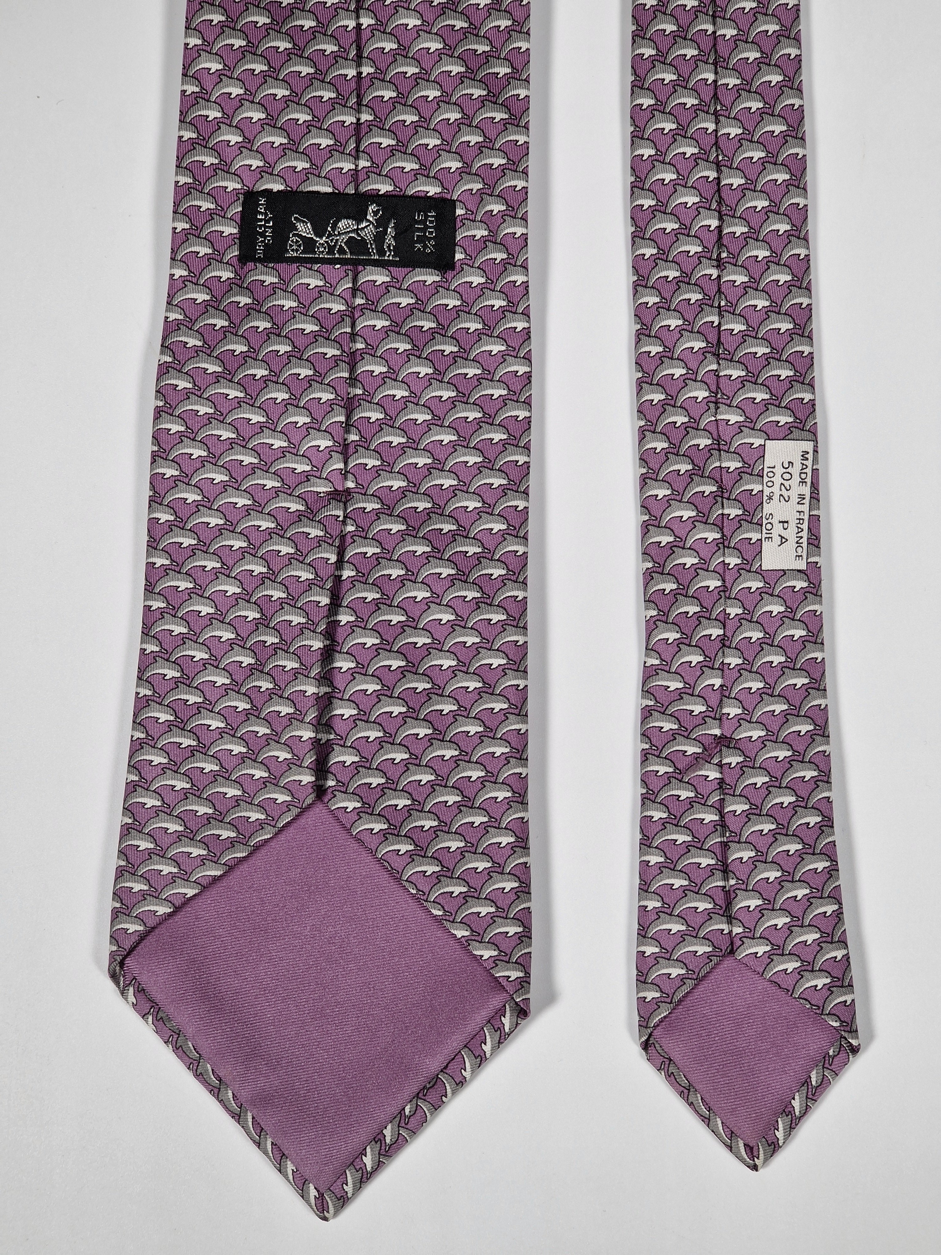 Hermès silk tie purple dolphin pattern 5022 PA