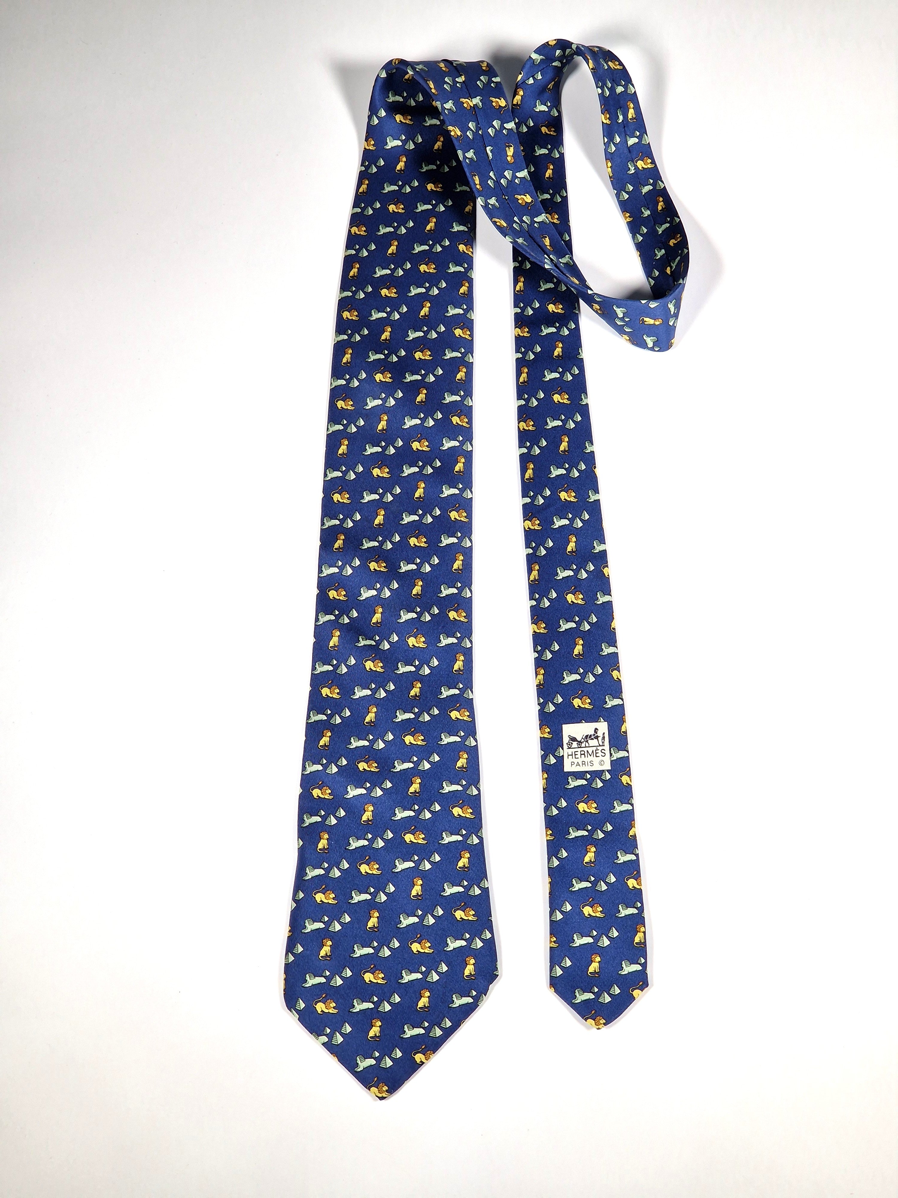 Hermès silk tie blue Lion and spinx pyramide pattern 5026 PA