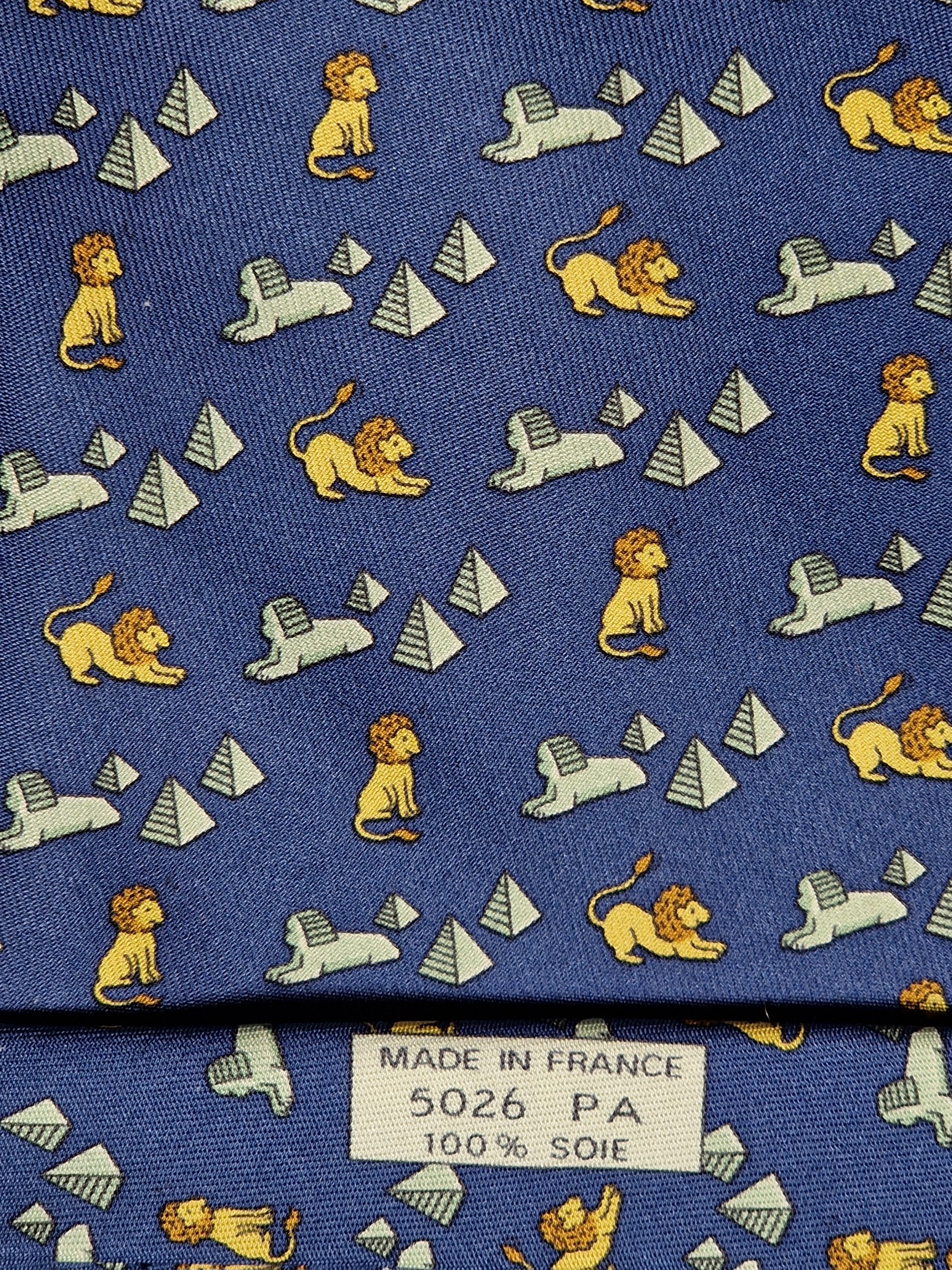 Hermès silk tie blue Lion and spinx pyramide pattern 5026 PA