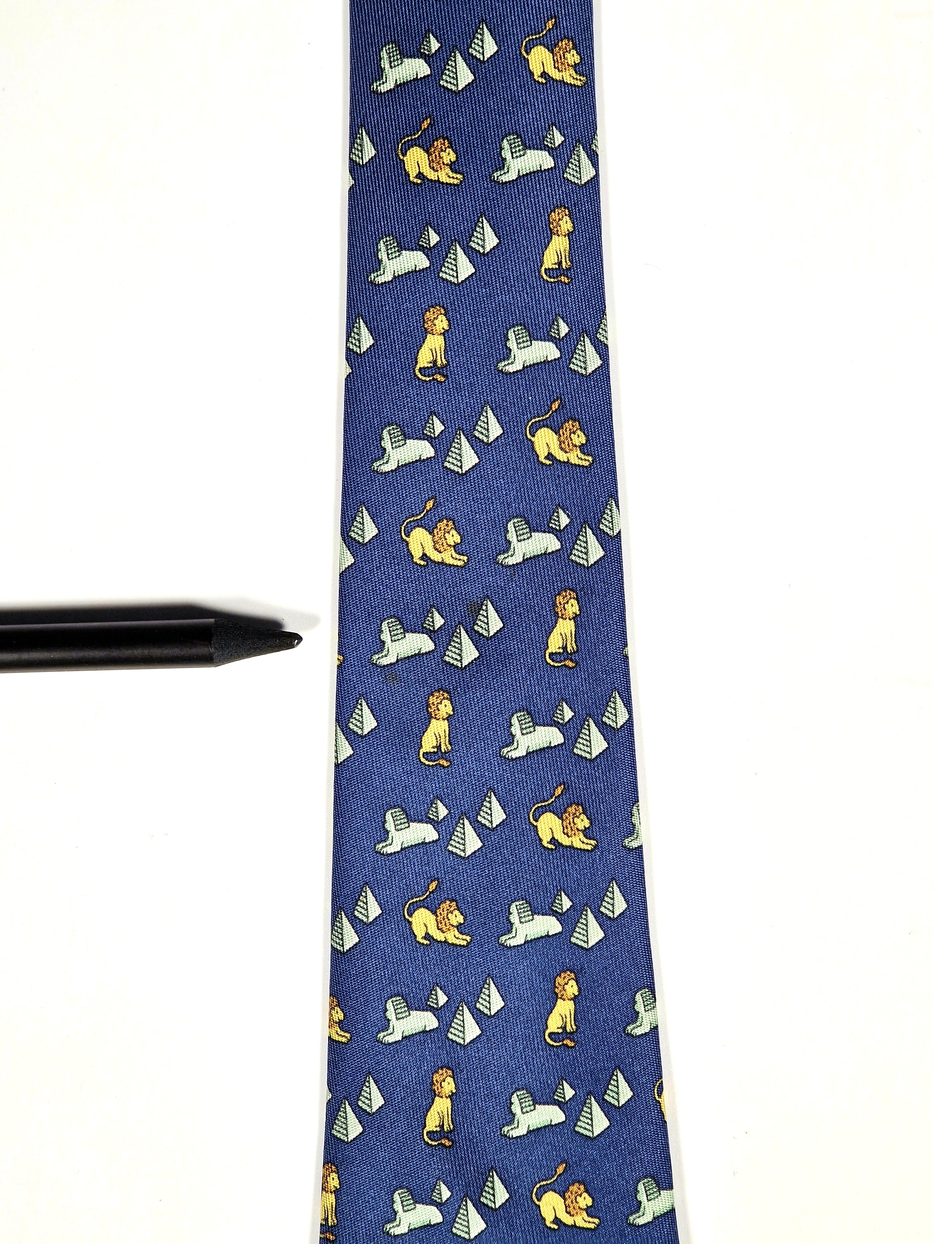 Hermès silk tie blue Lion and spinx pyramide pattern 5026 PA