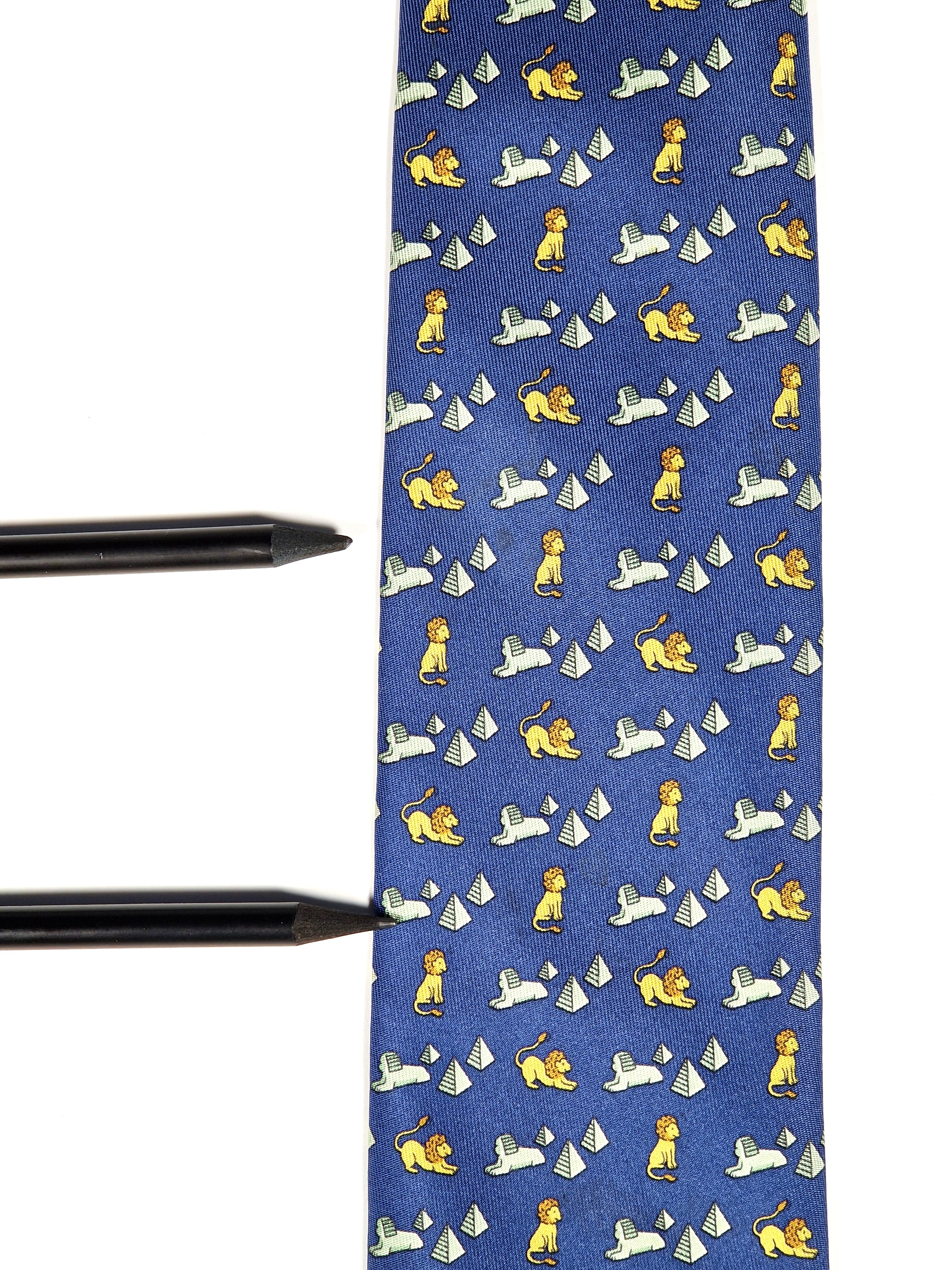 Hermès silk tie blue Lion and spinx pyramide pattern 5026 PA