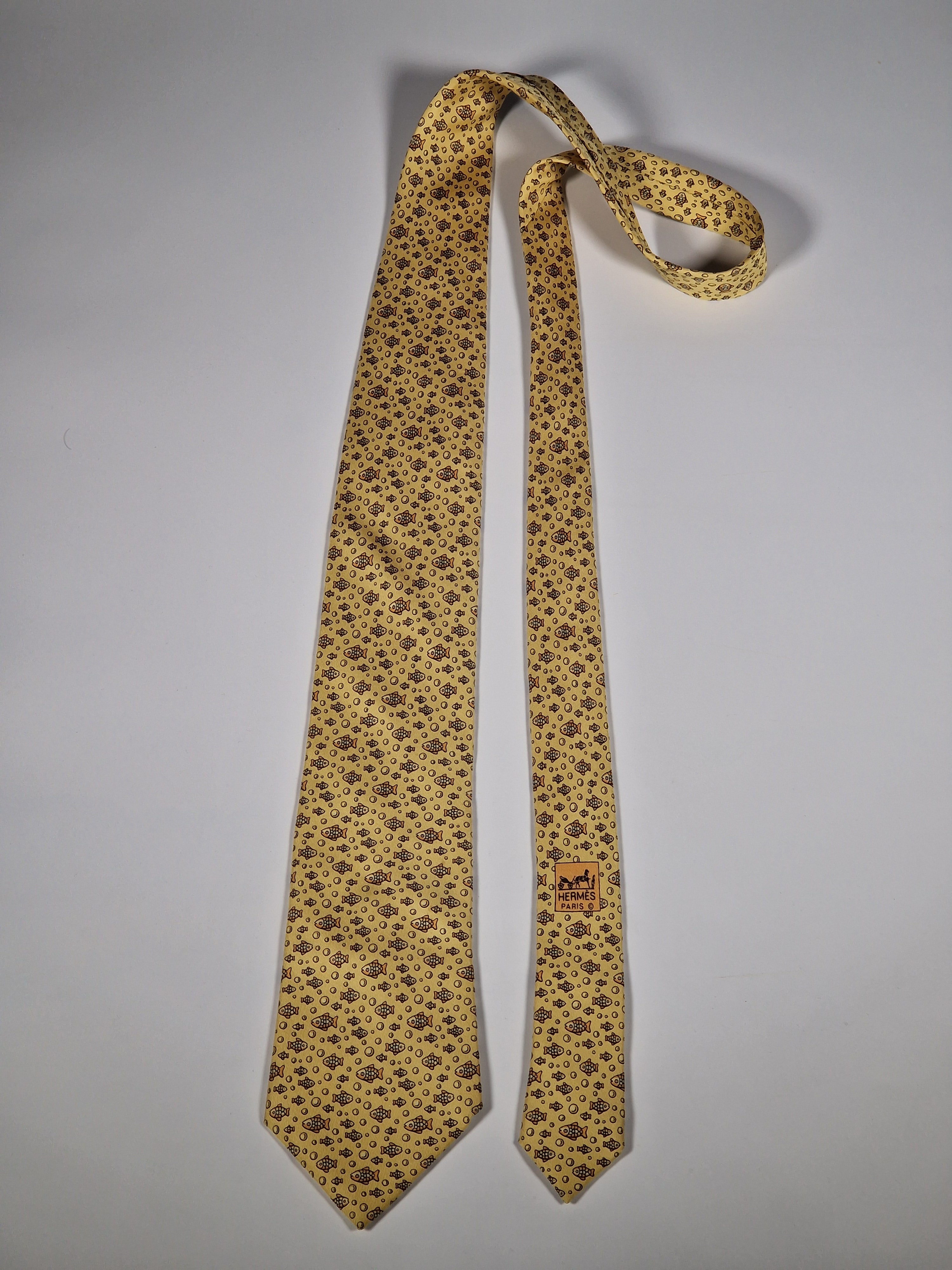 Hermès silk tie yellof fish pattern 5035 PA