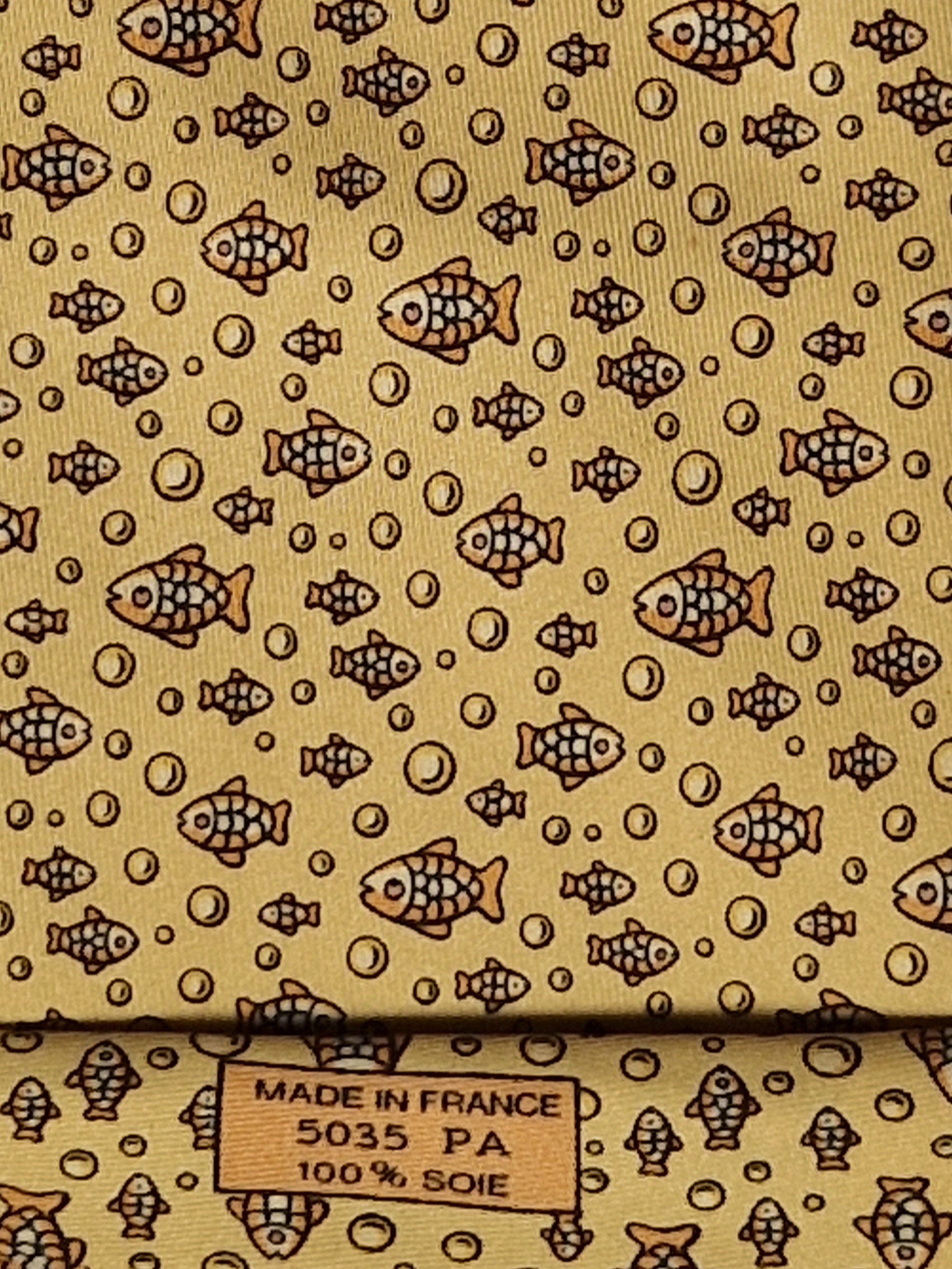 Hermès silk tie yellof fish pattern 5035 PA