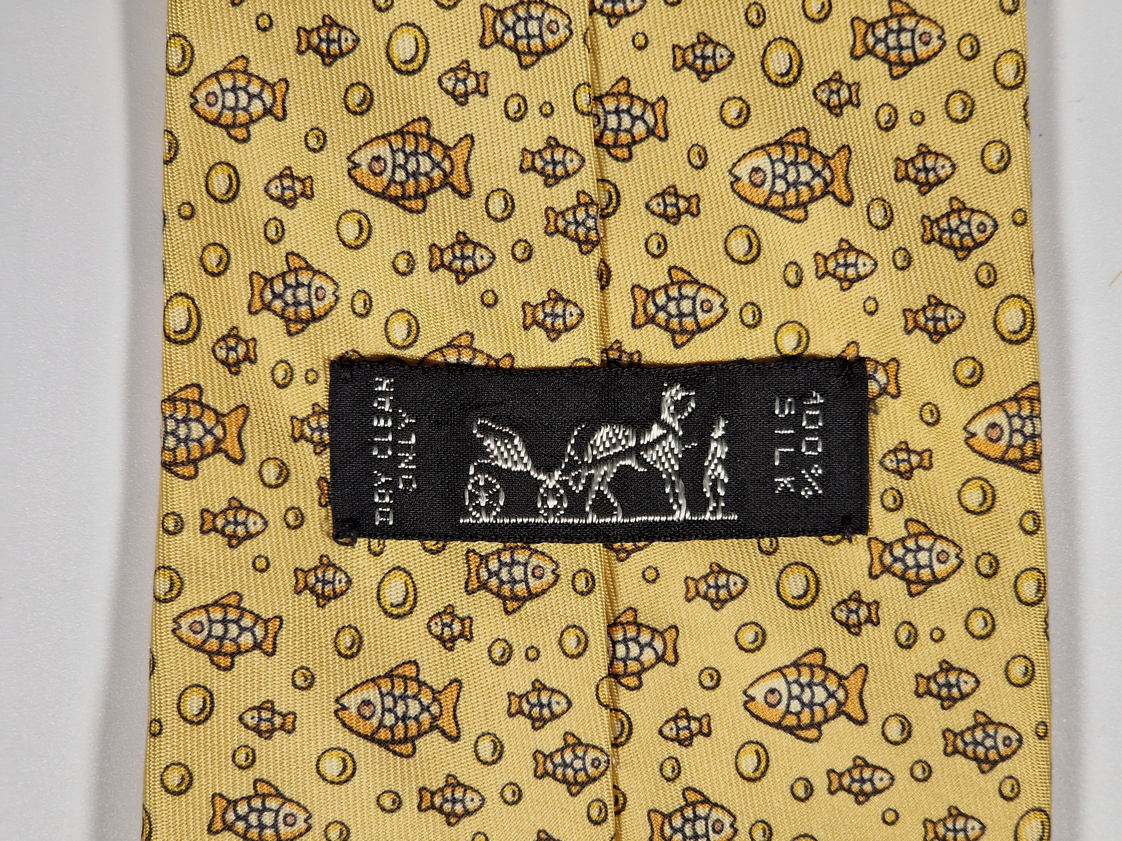 Hermès silk tie yellof fish pattern 5035 PA