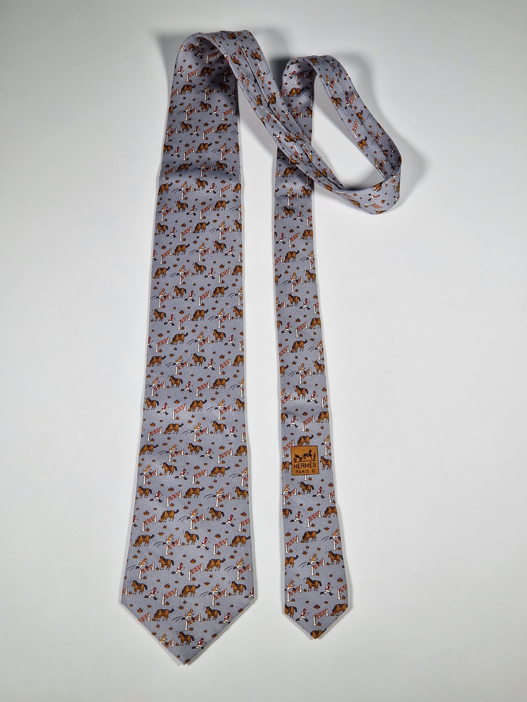 Hermès silk tie grey whimsical equestrian pattern 5042 PA