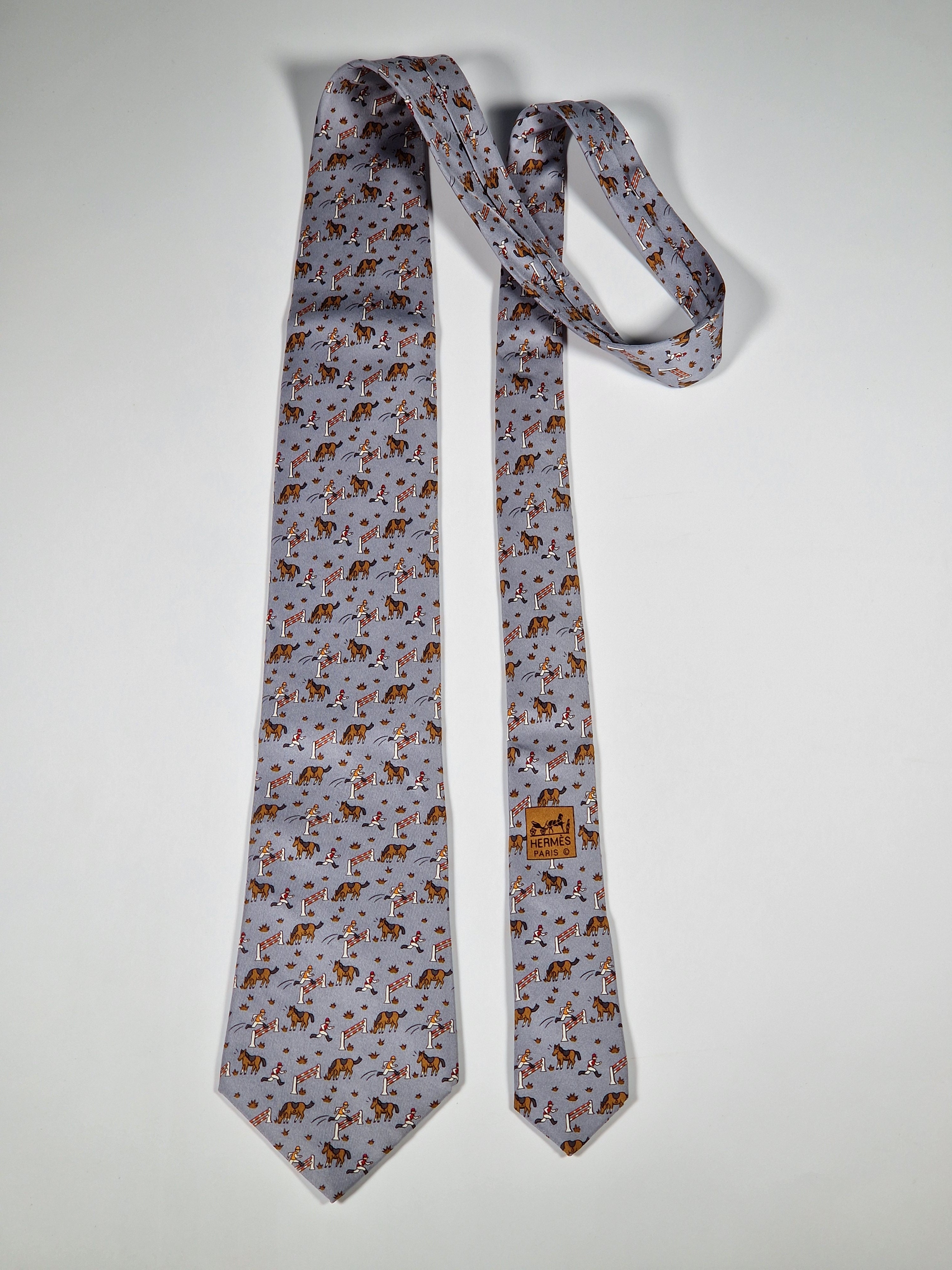 Hermès silk tie grey whimsical equestrian pattern 5042 PA