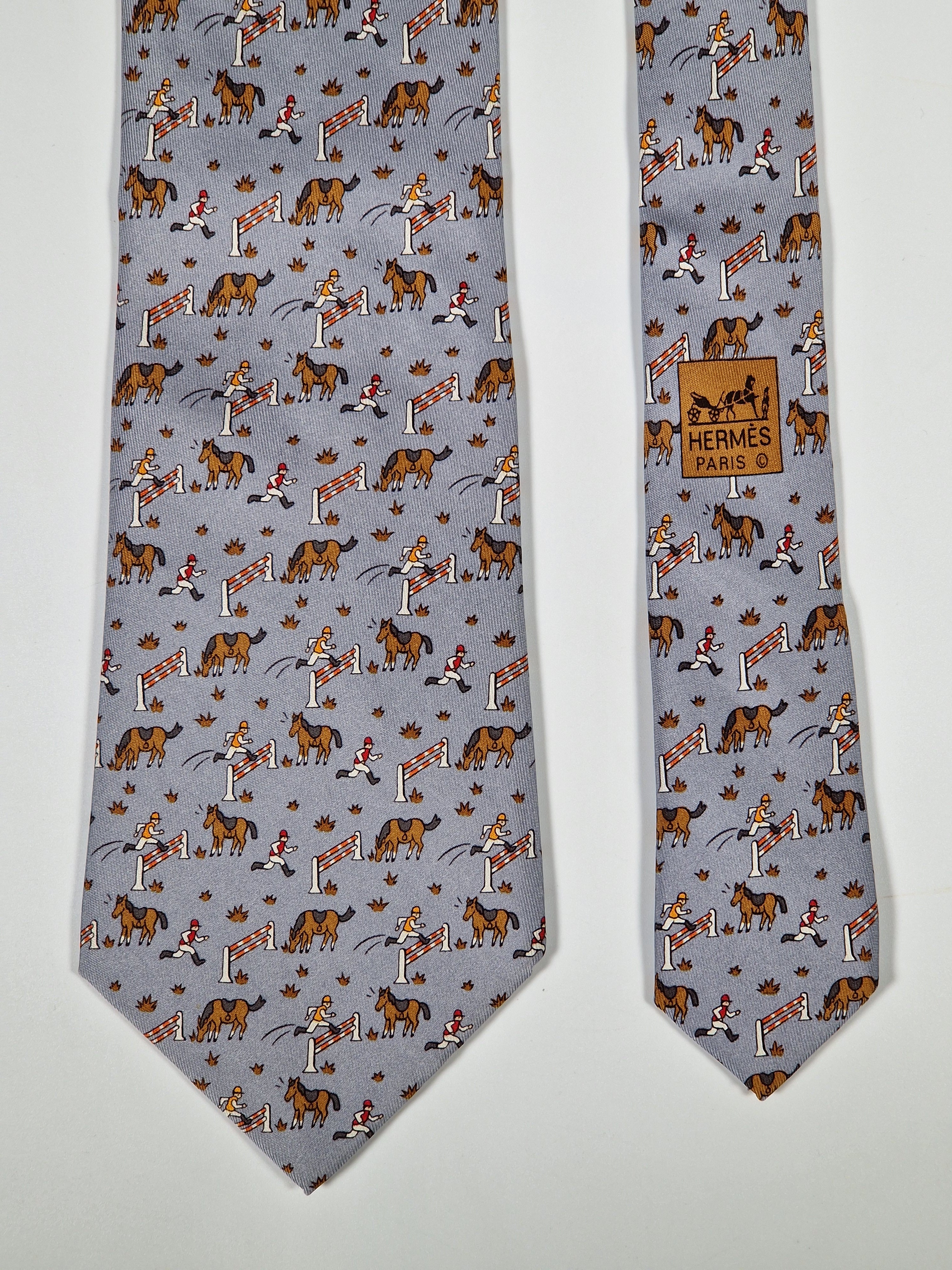 Hermès silk tie grey whimsical equestrian pattern 5042 PA