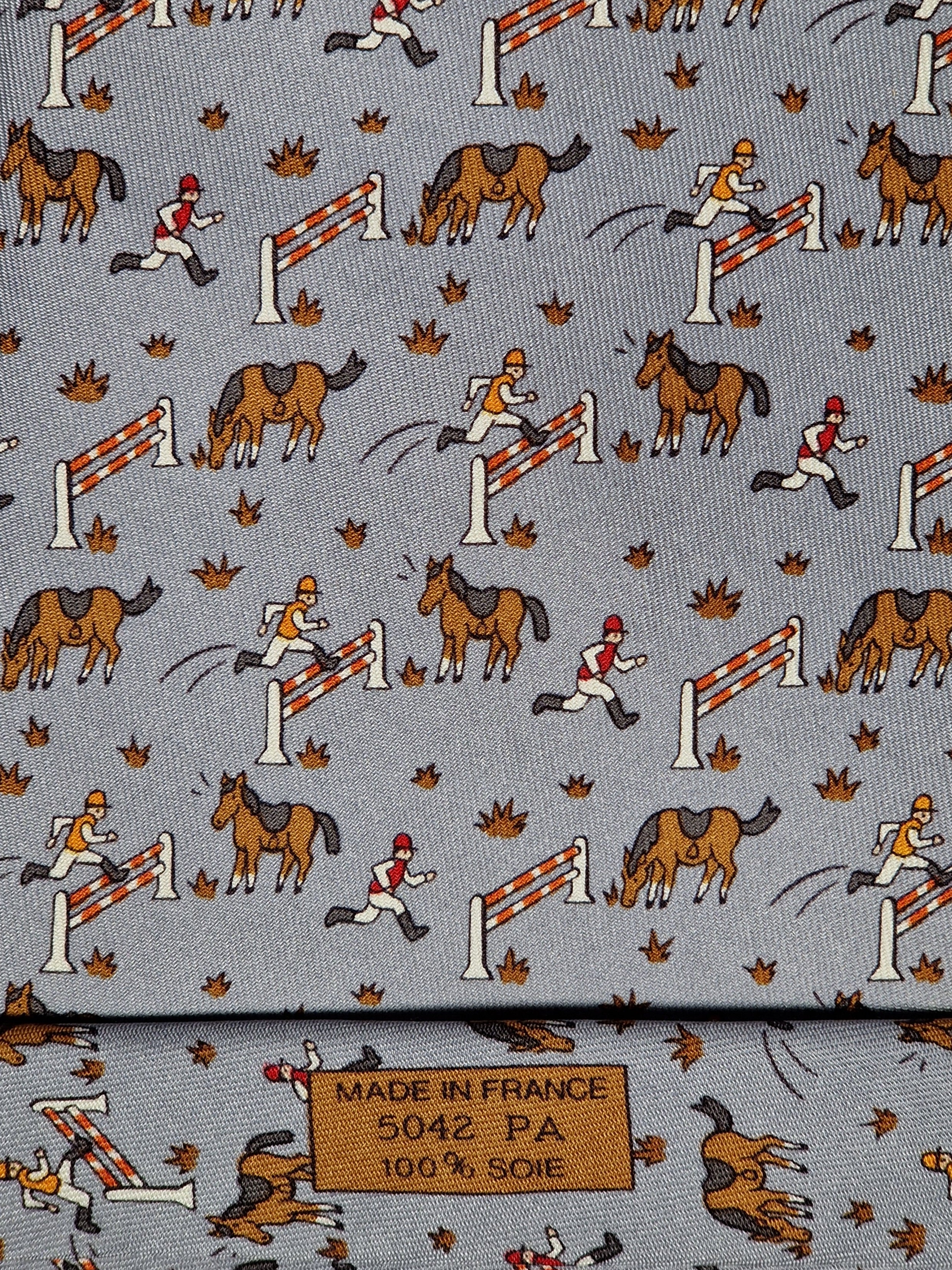Hermès silk tie grey whimsical equestrian pattern 5042 PA