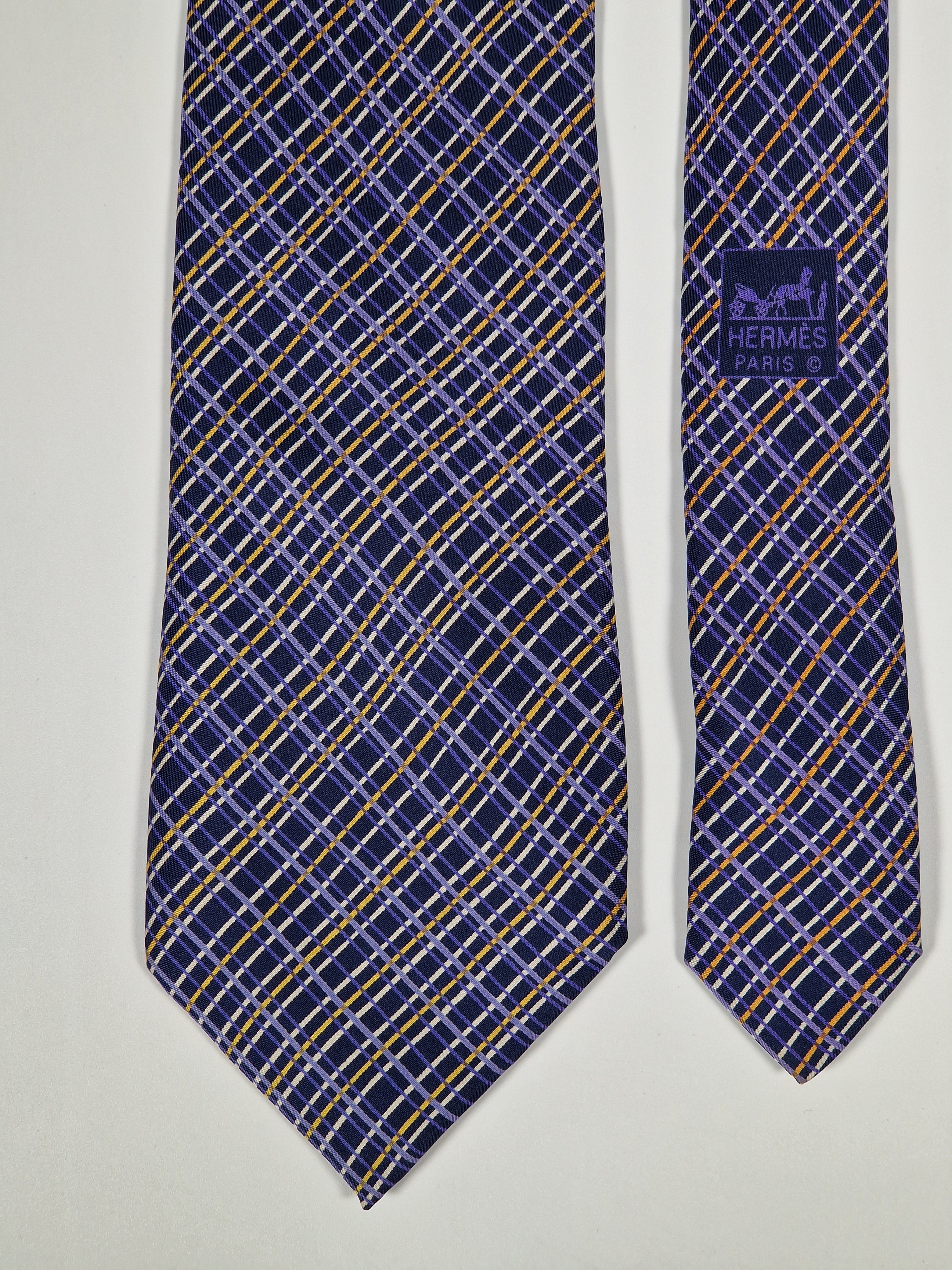 Hermès silk tie purple cheker pattern 5046 PA