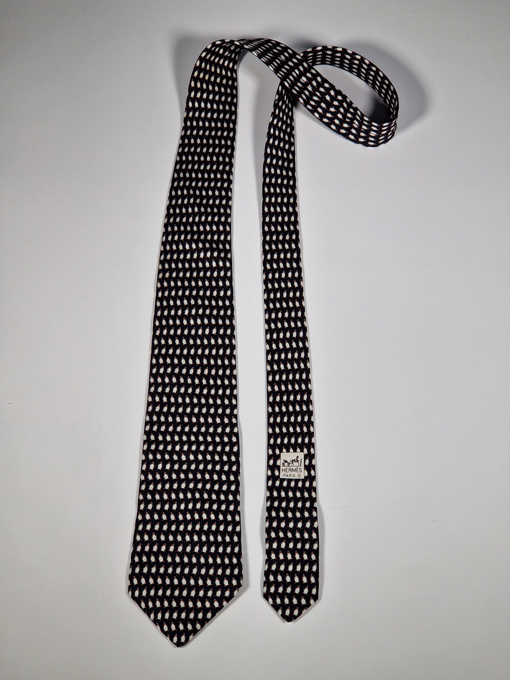 Hermès silk tie black whimsical pinguins 5143 HA