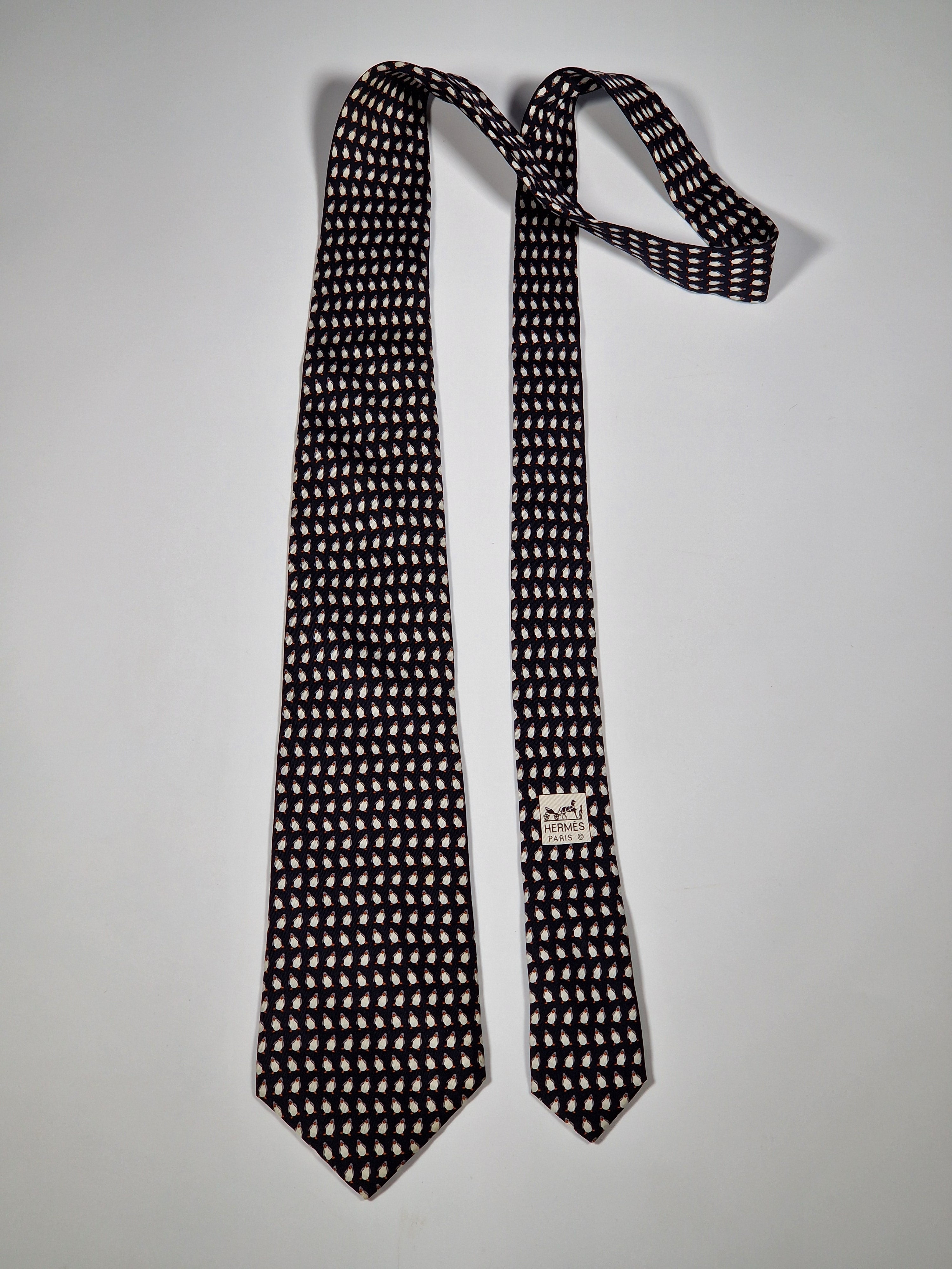 Hermès silk tie black whimsical pinguin pattern 5143 HA