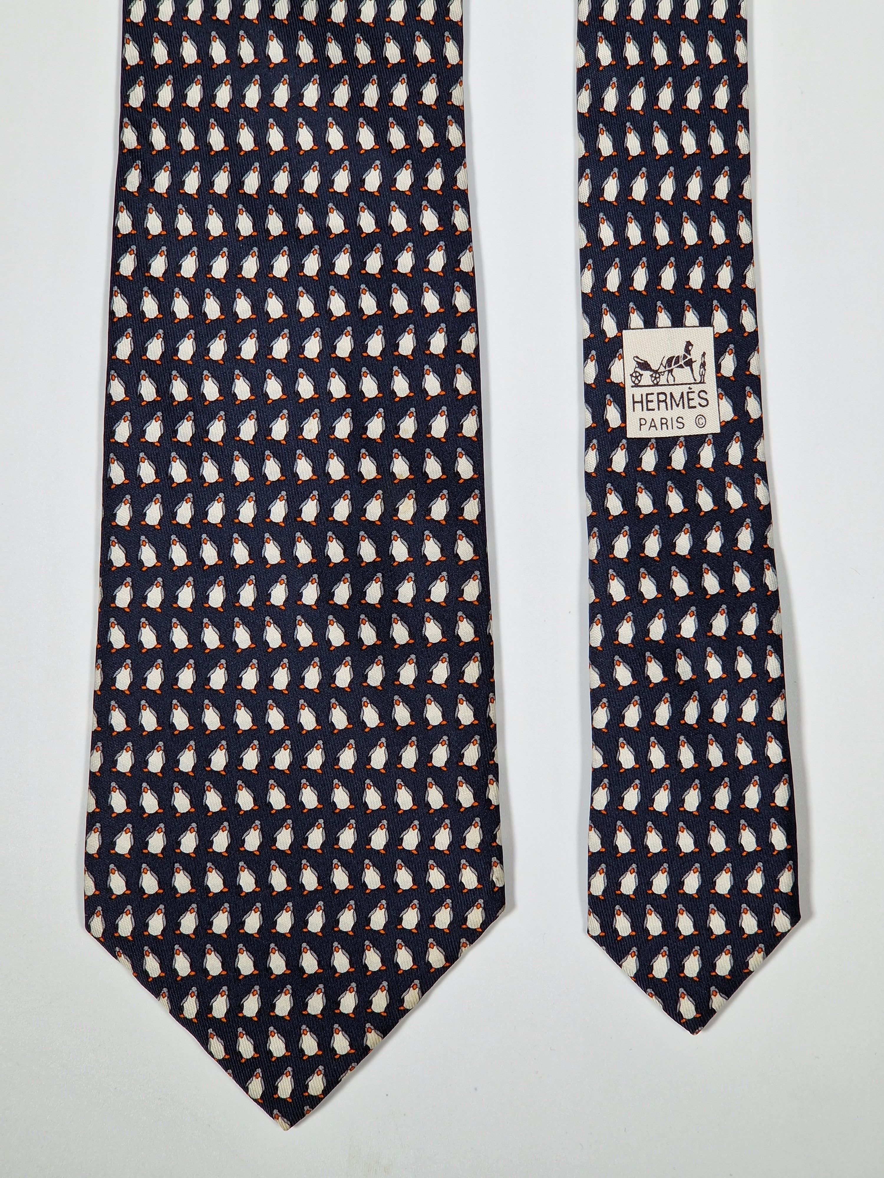 Hermès silk tie black whimsical pinguin pattern 5143 HA