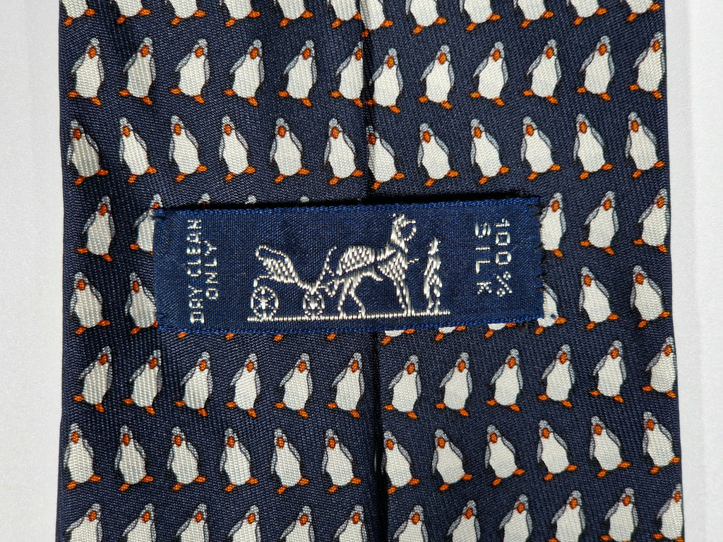 Hermès silk tie black whimsical pinguin pattern 5143 HA