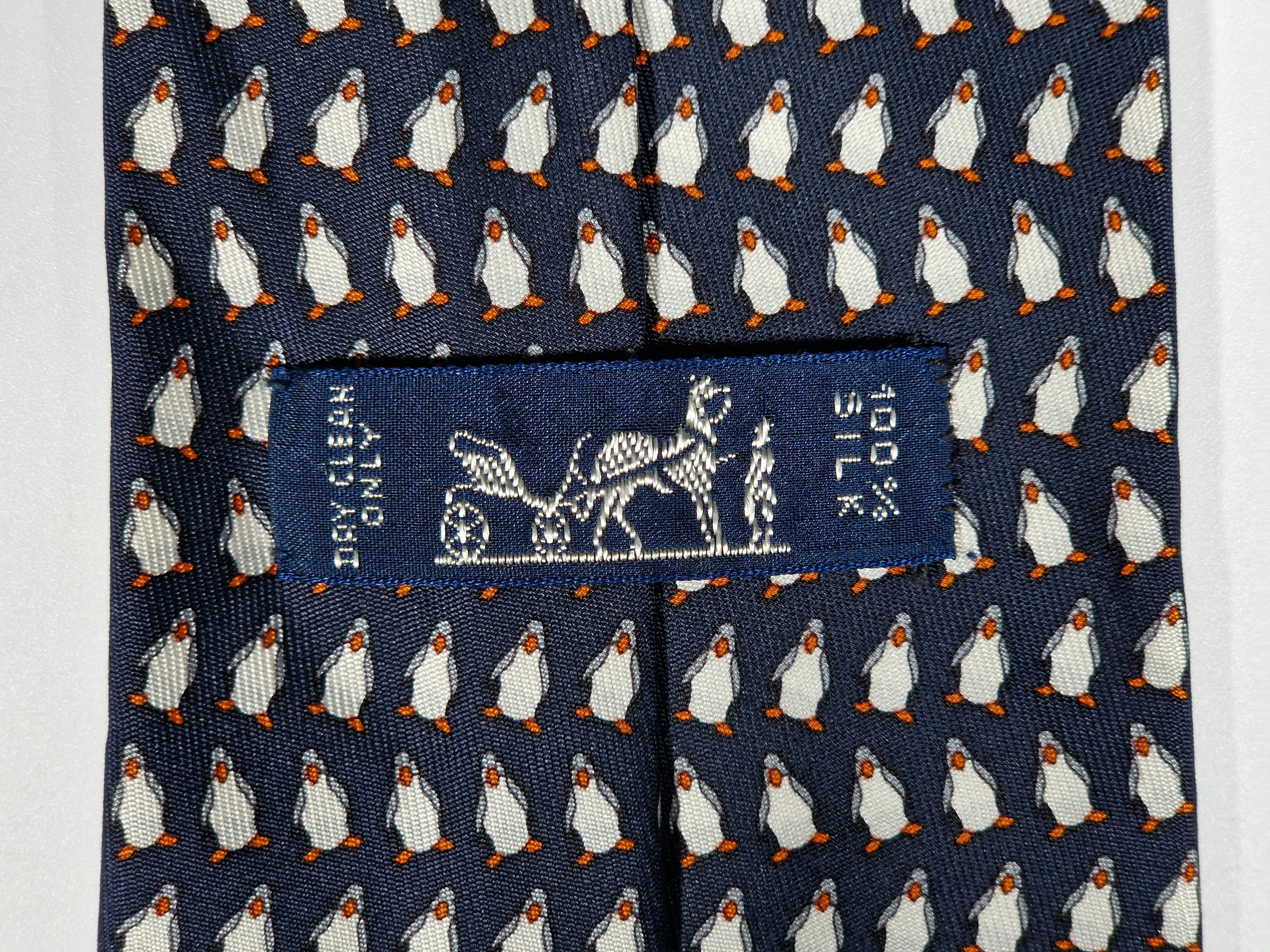Hermès silk tie black whimsical pinguin pattern 5143 HA
