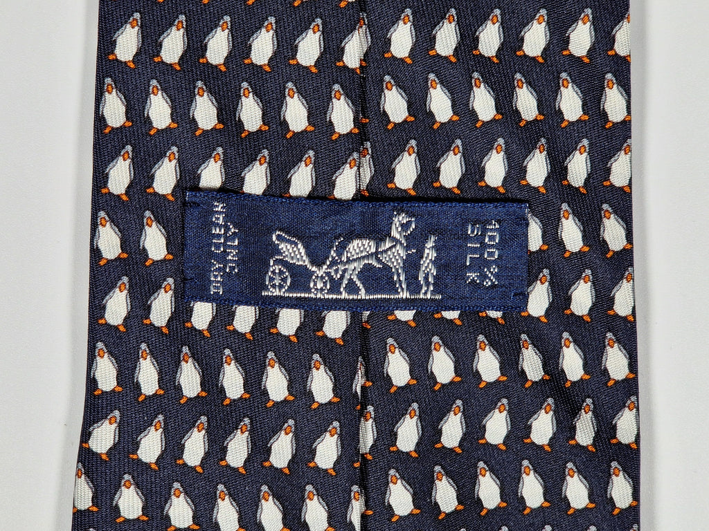 Hermès silk tie black whimsical pinguins 5143 HA