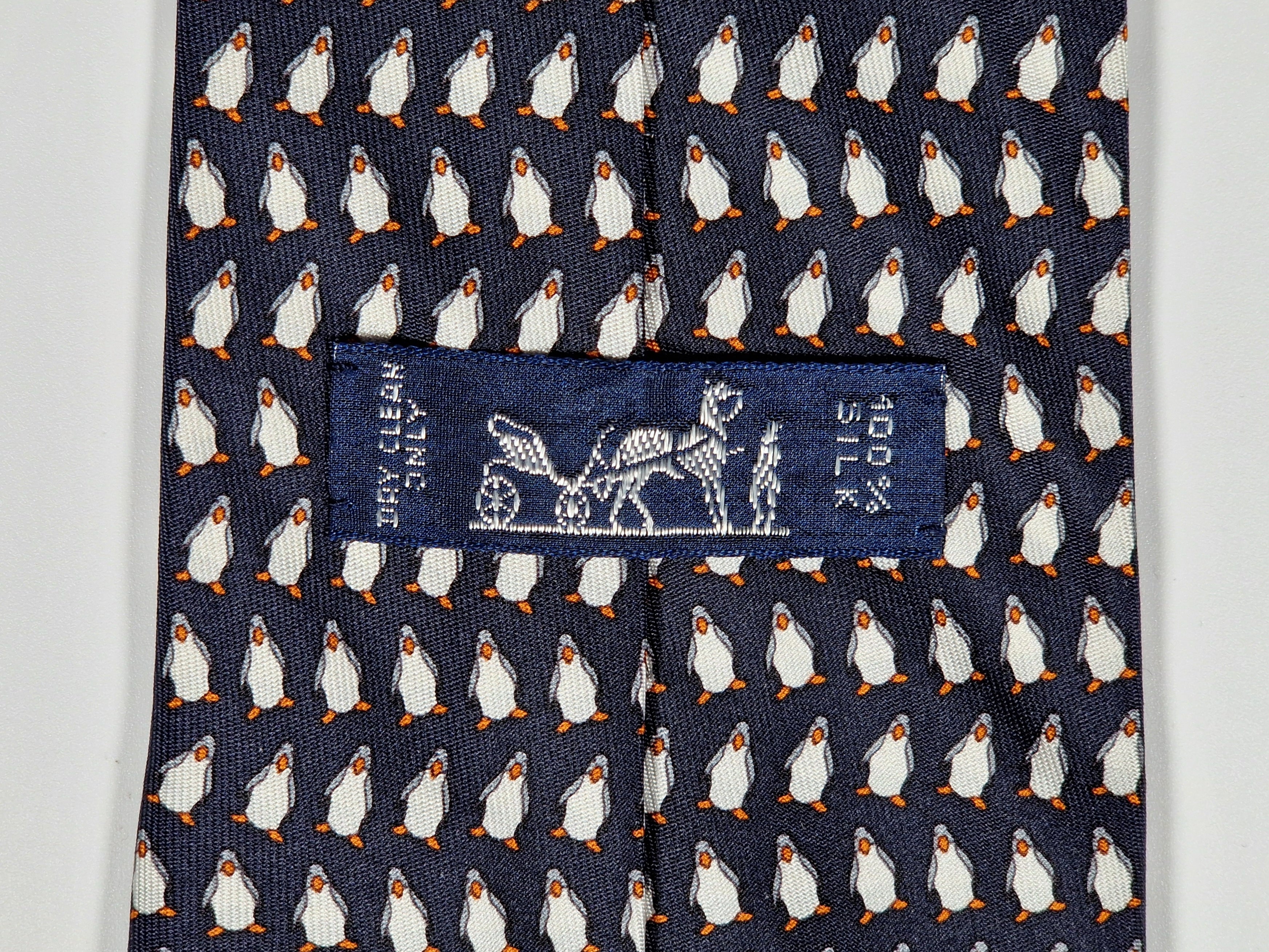 Hermès silk tie black whimsical pinguins 5143 HA