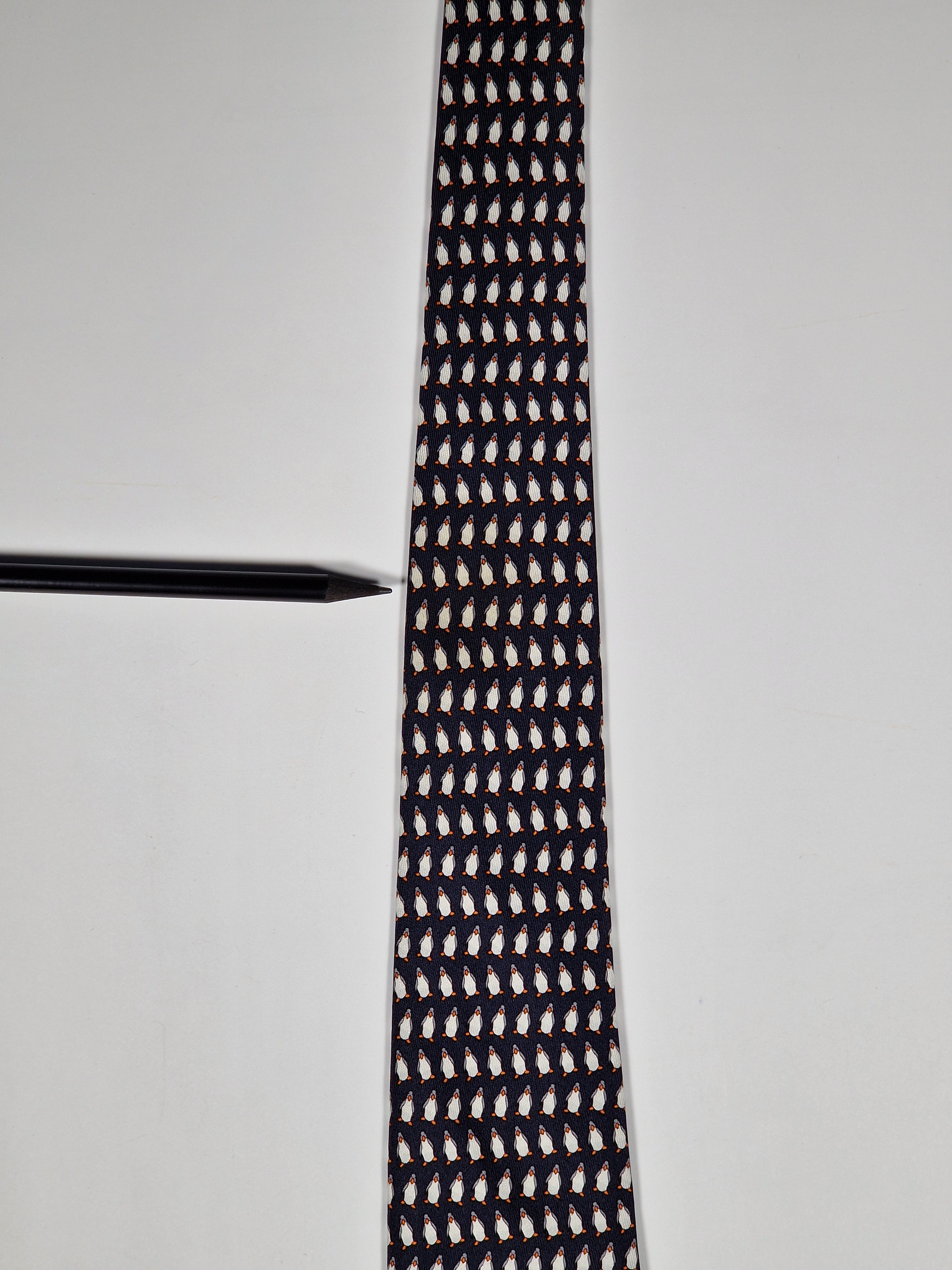 Hermès silk tie black whimsical pinguins 5143 HA