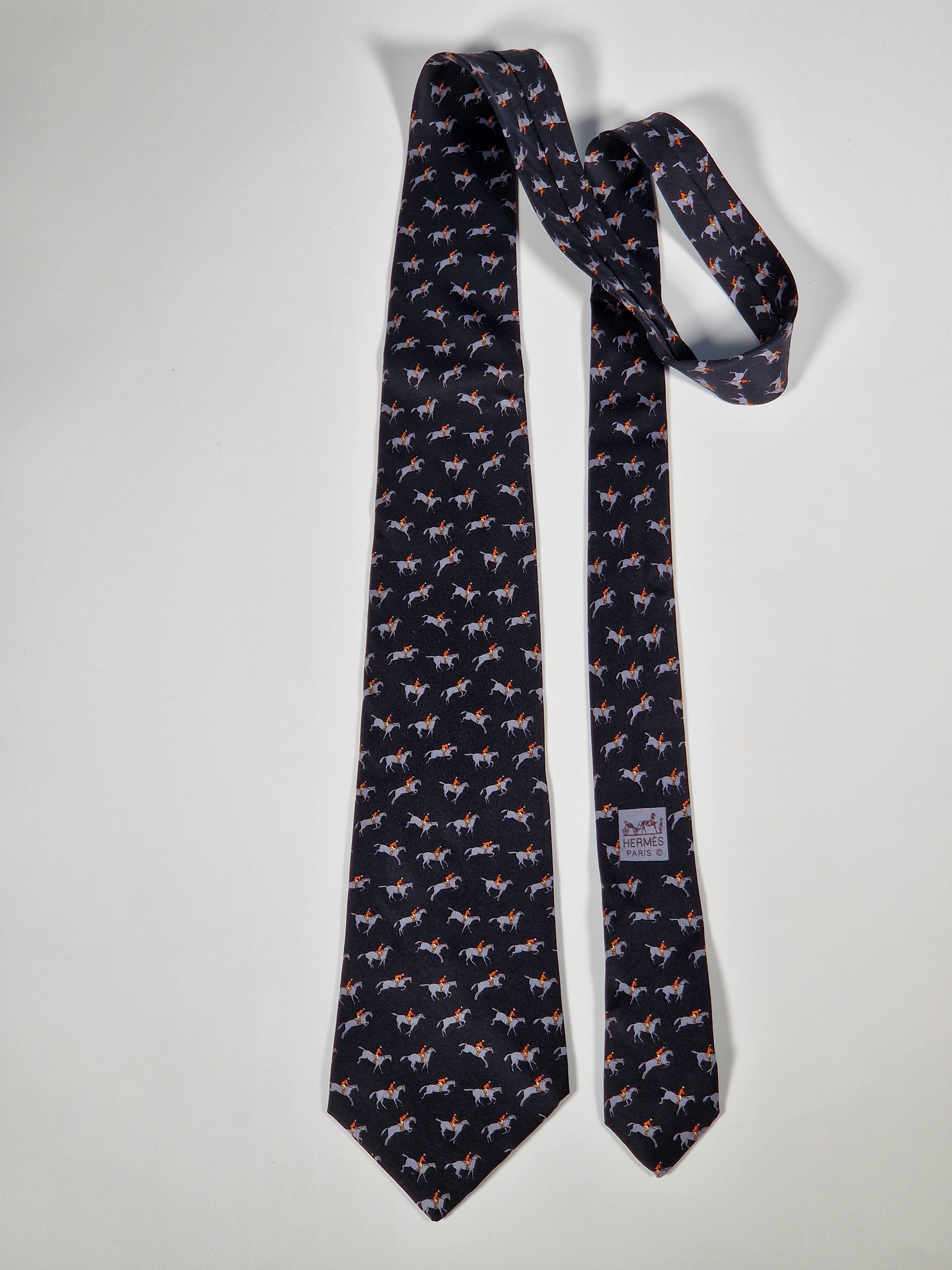 Hermès silk tie black equestrian horse jumping Hermès 5151 SA tie black