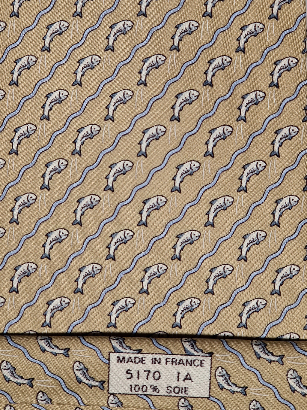 005170 Hermès silk tie beige whimsical jumping fish pattern 5170 IA