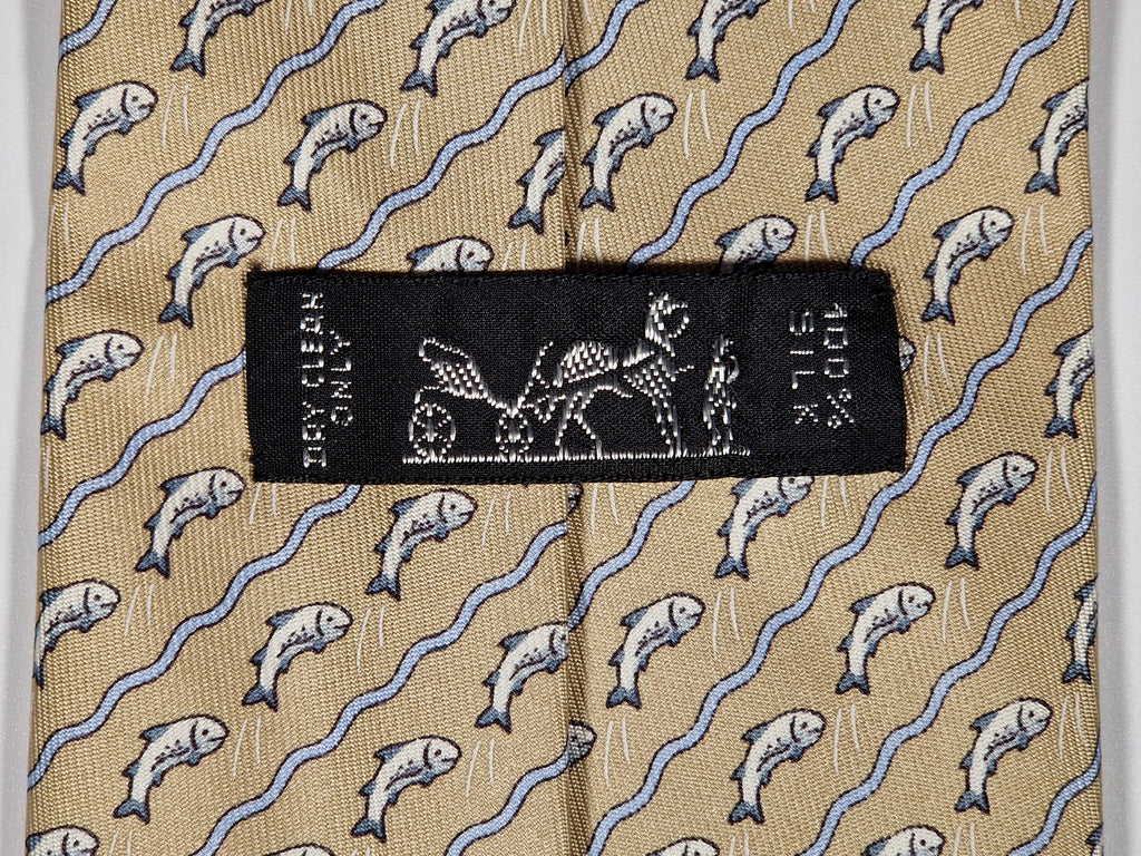 005170 Hermès silk tie beige whimsical jumping fish pattern 5170 IA