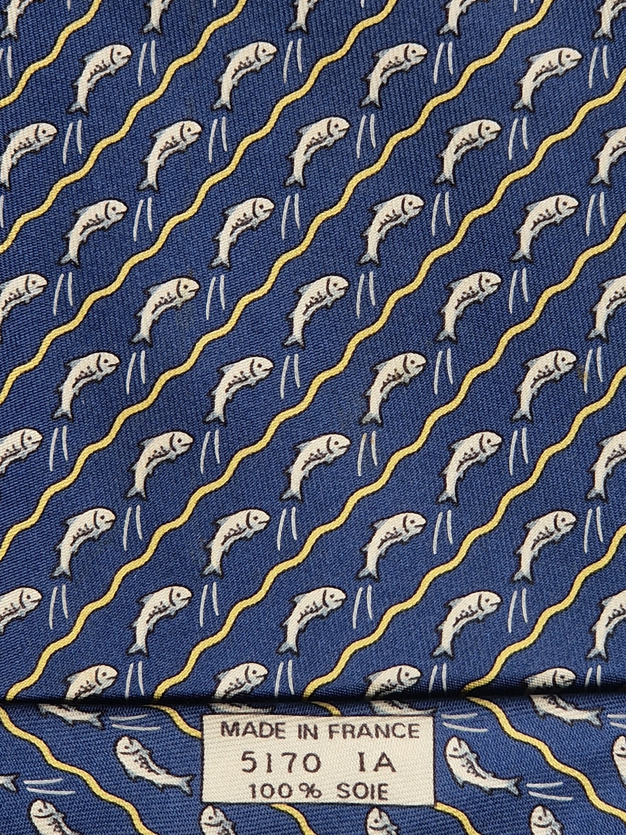Hermès silk tie blue jumping salmon / fish 5170 IA