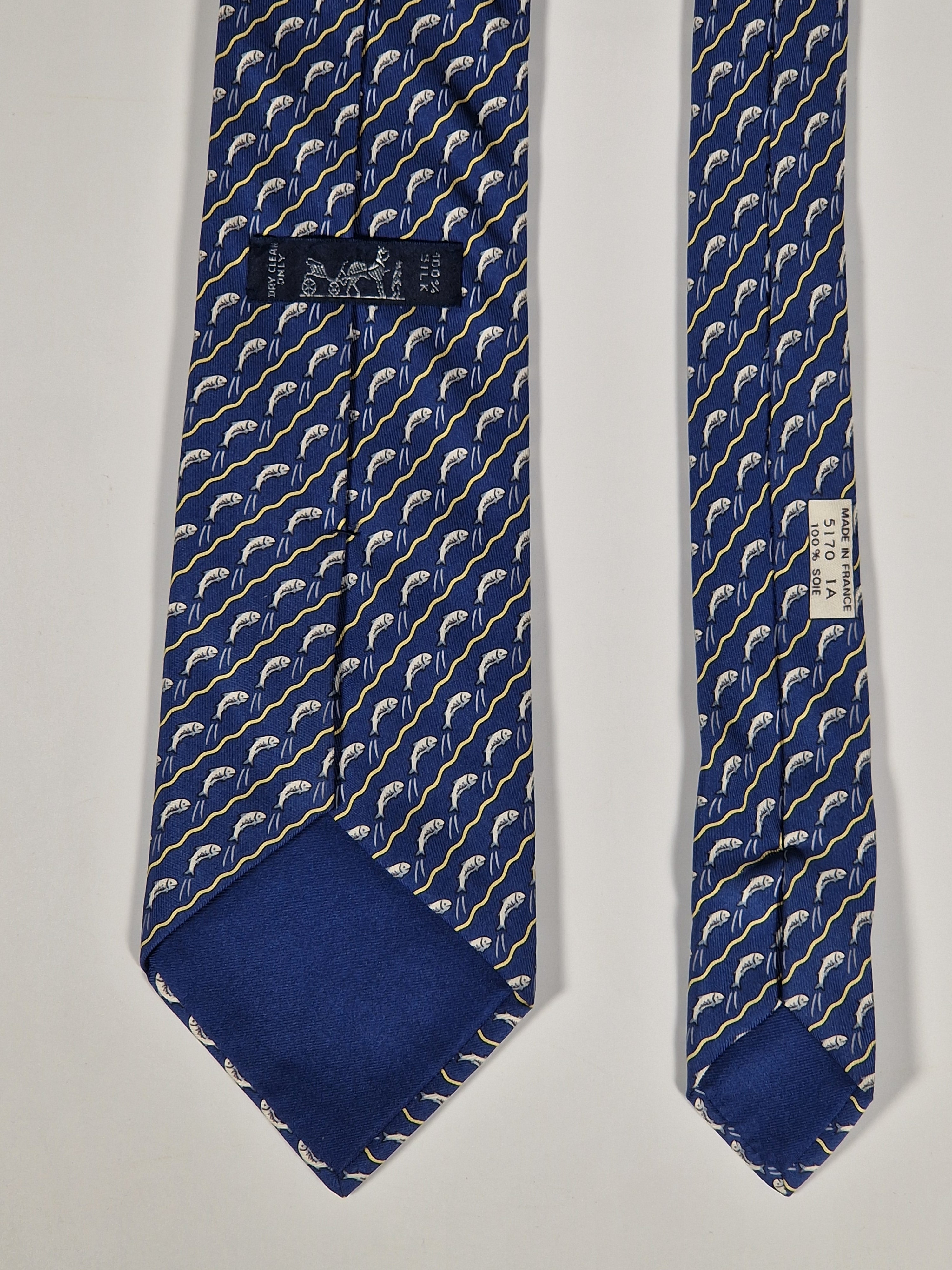 Hermès silk tie blue jumping salmon / fish 5170 IA