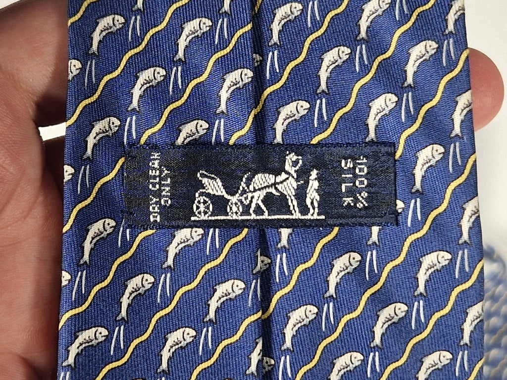 Hermès silk tie blue jumping salmon / fish 5170 IA