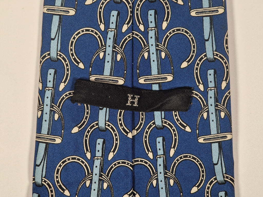Hermés wide vintage silk tie blue horseshoe 517 IA