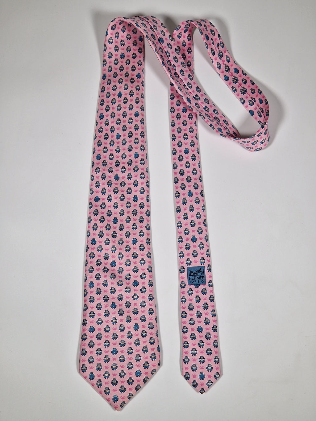 005195 Hermès tie pink  whimsical hippo pattern  5195 IA