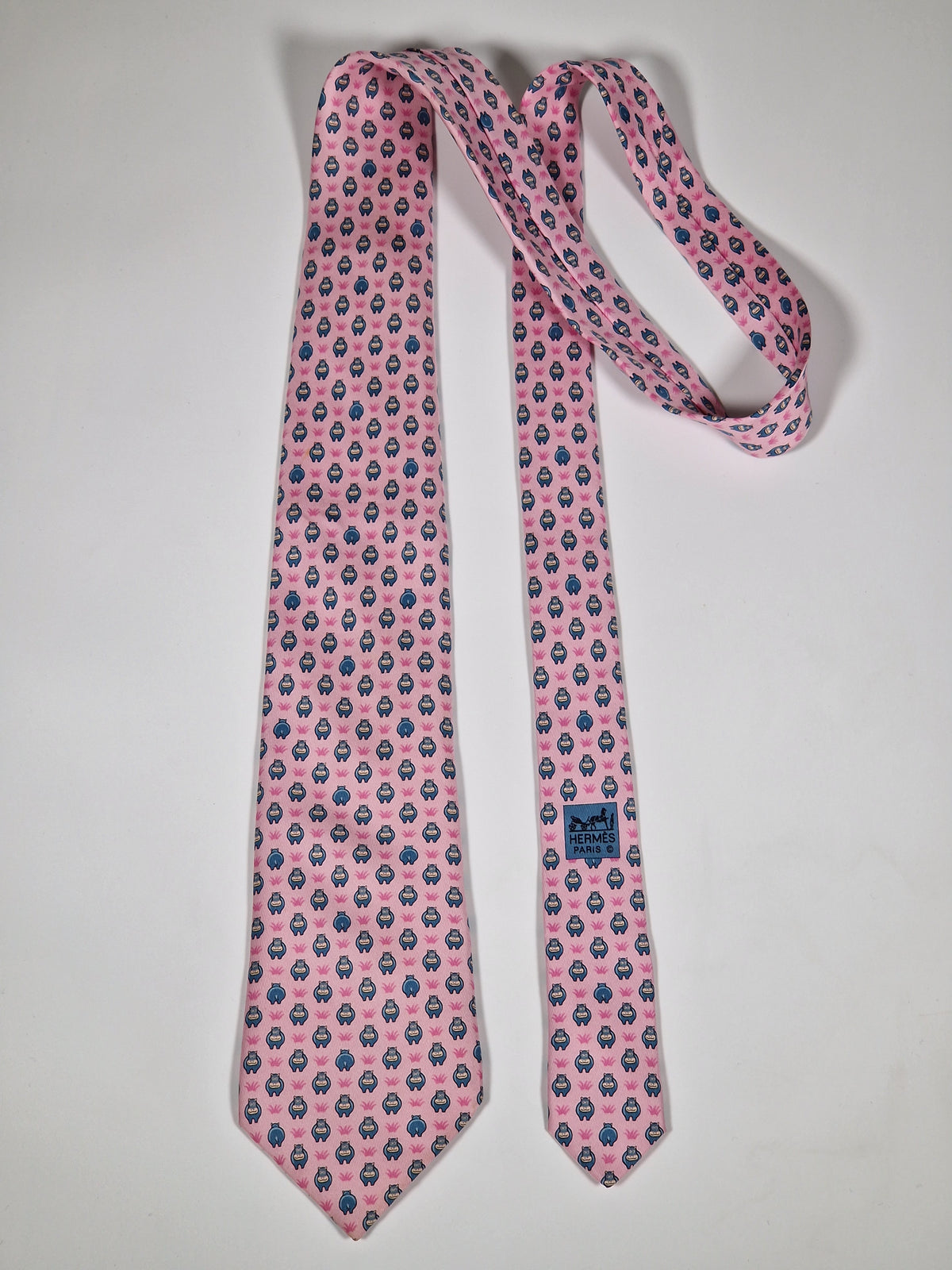 005195 Hermès tie pink  whimsical hippo pattern  5195 IA