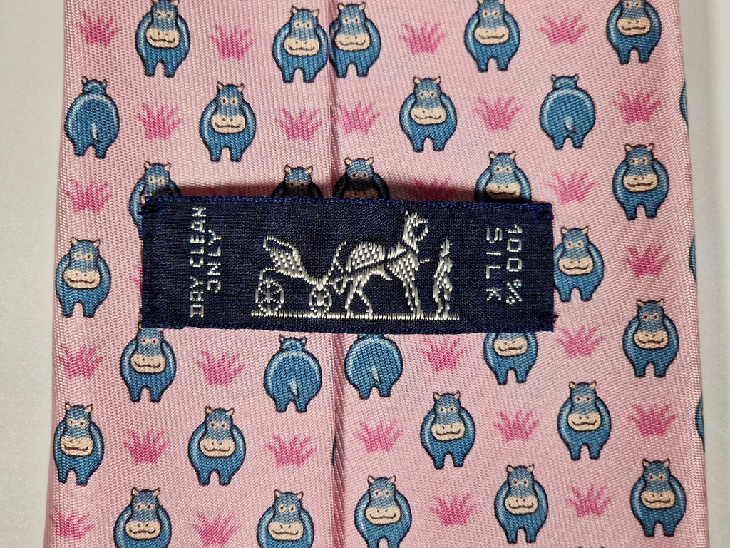 005195 Hermès tie pink  whimsical hippo pattern  5195 IA