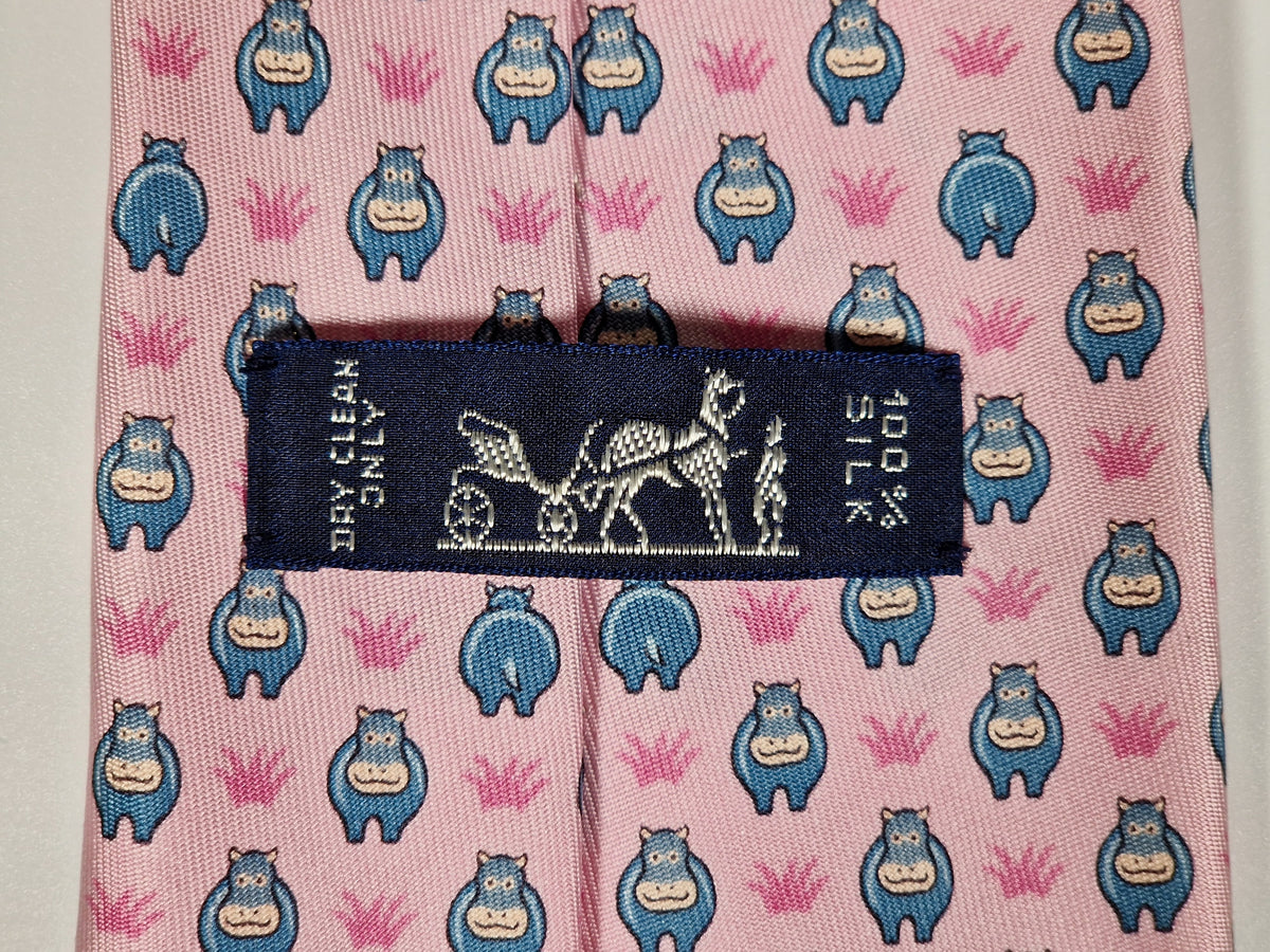 005195 Hermès tie pink  whimsical hippo pattern  5195 IA