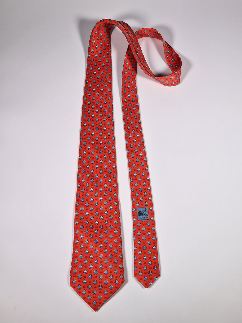 Hermès silk tie red Whimsical Hippo pattern 5195 IA