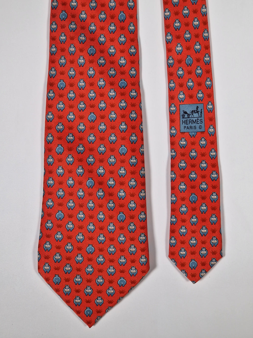 Hermès silk tie red Whimsical Hippo pattern 5195 IA
