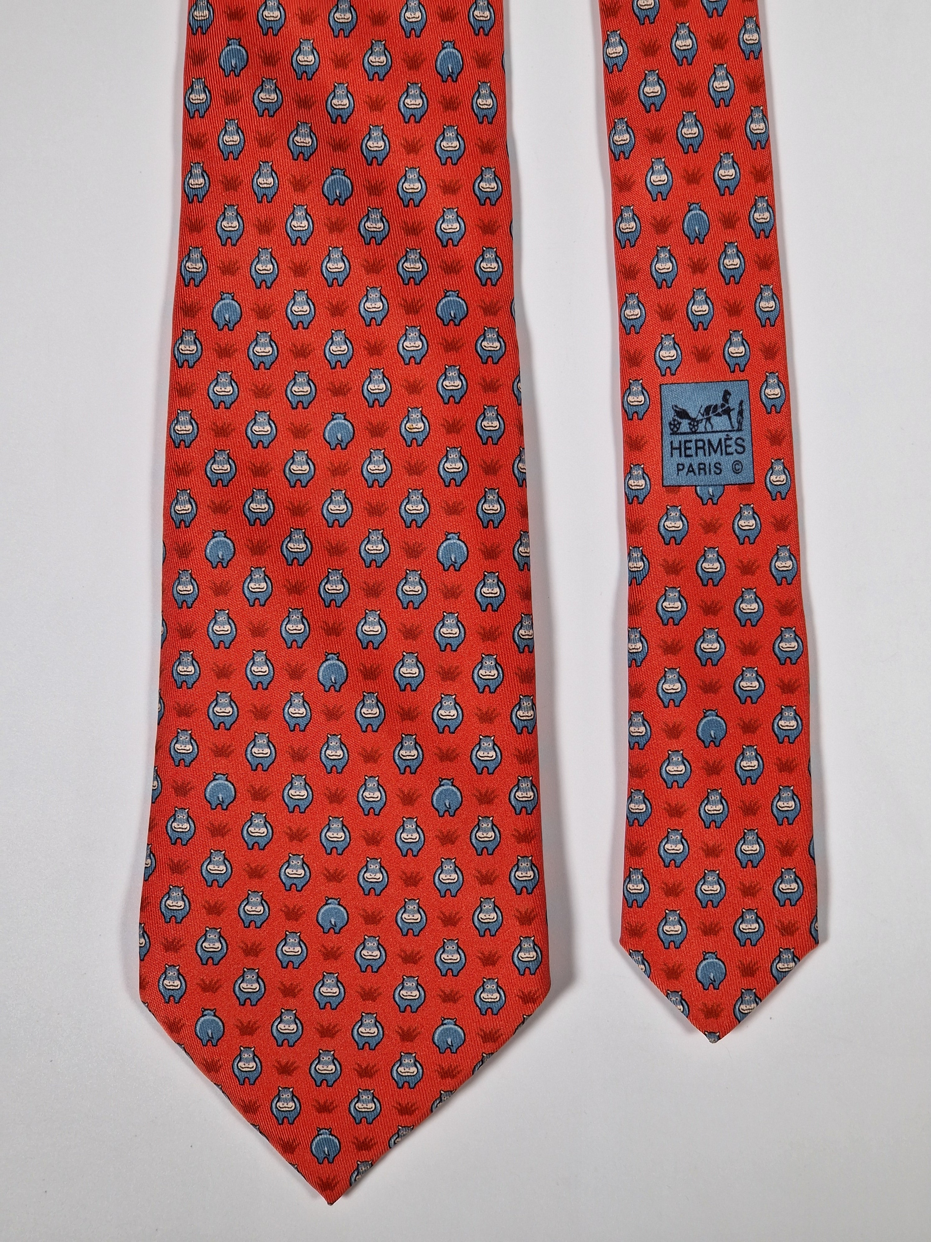 Hermès silk tie red Whimsical Hippo pattern 5195 IA