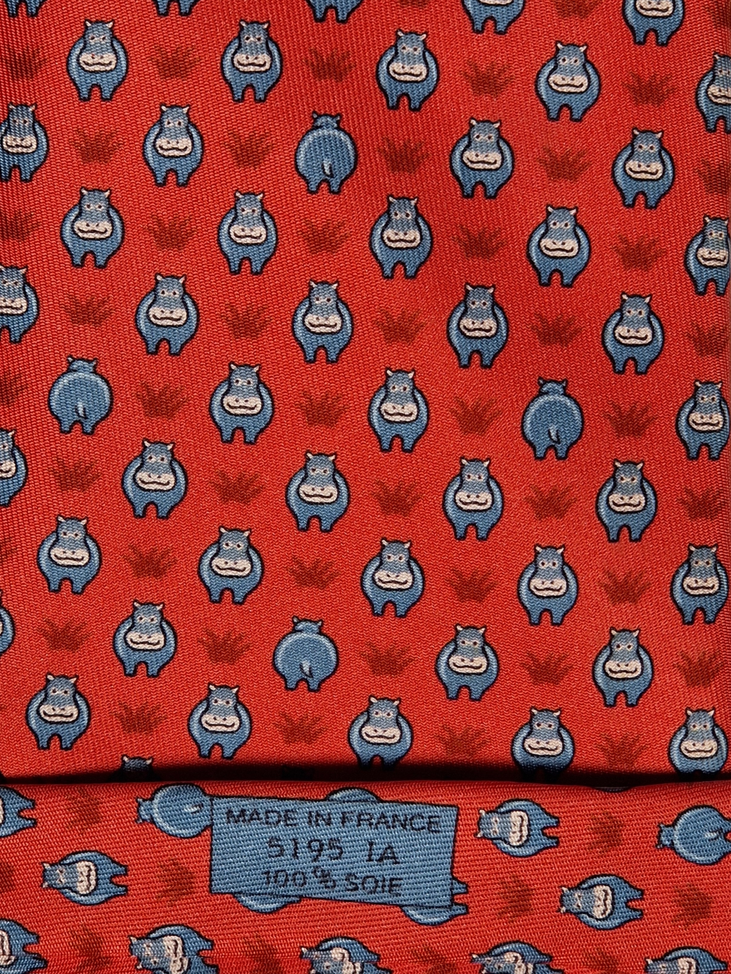 Hermès silk tie red Whimsical Hippo pattern 5195 IA