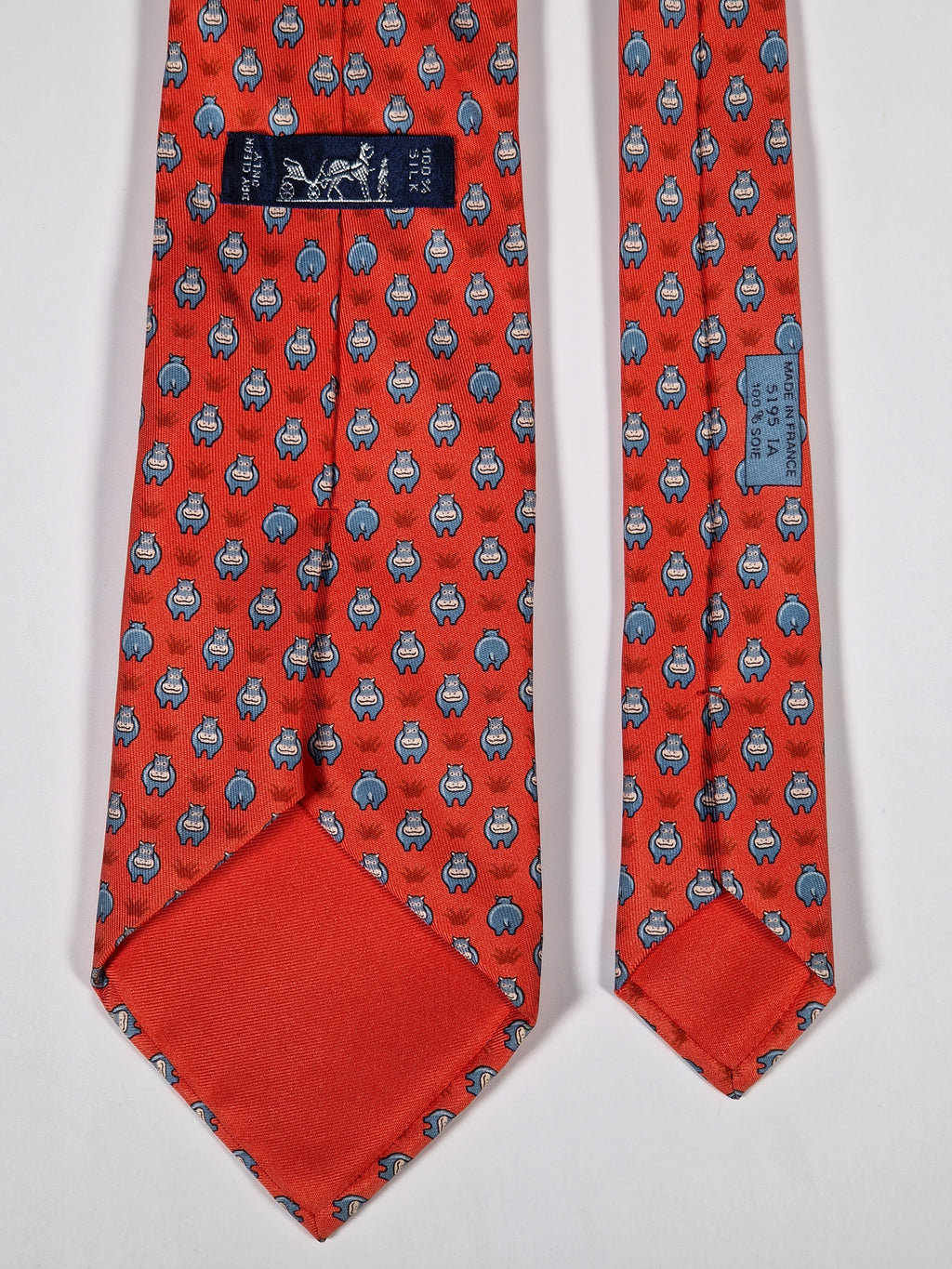 Hermès silk tie red Whimsical Hippo pattern 5195 IA