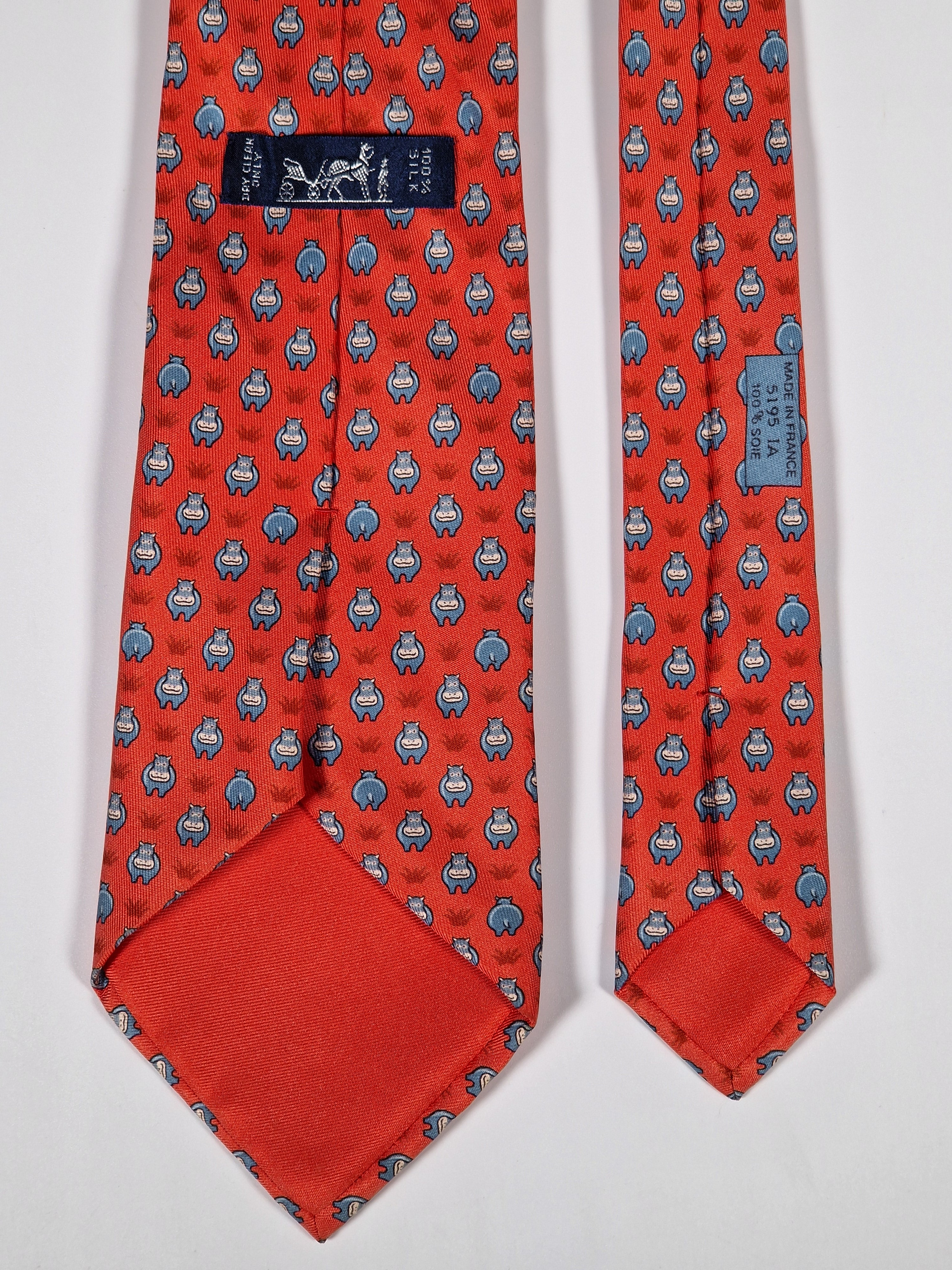 Hermès silk tie red Whimsical Hippo pattern 5195 IA