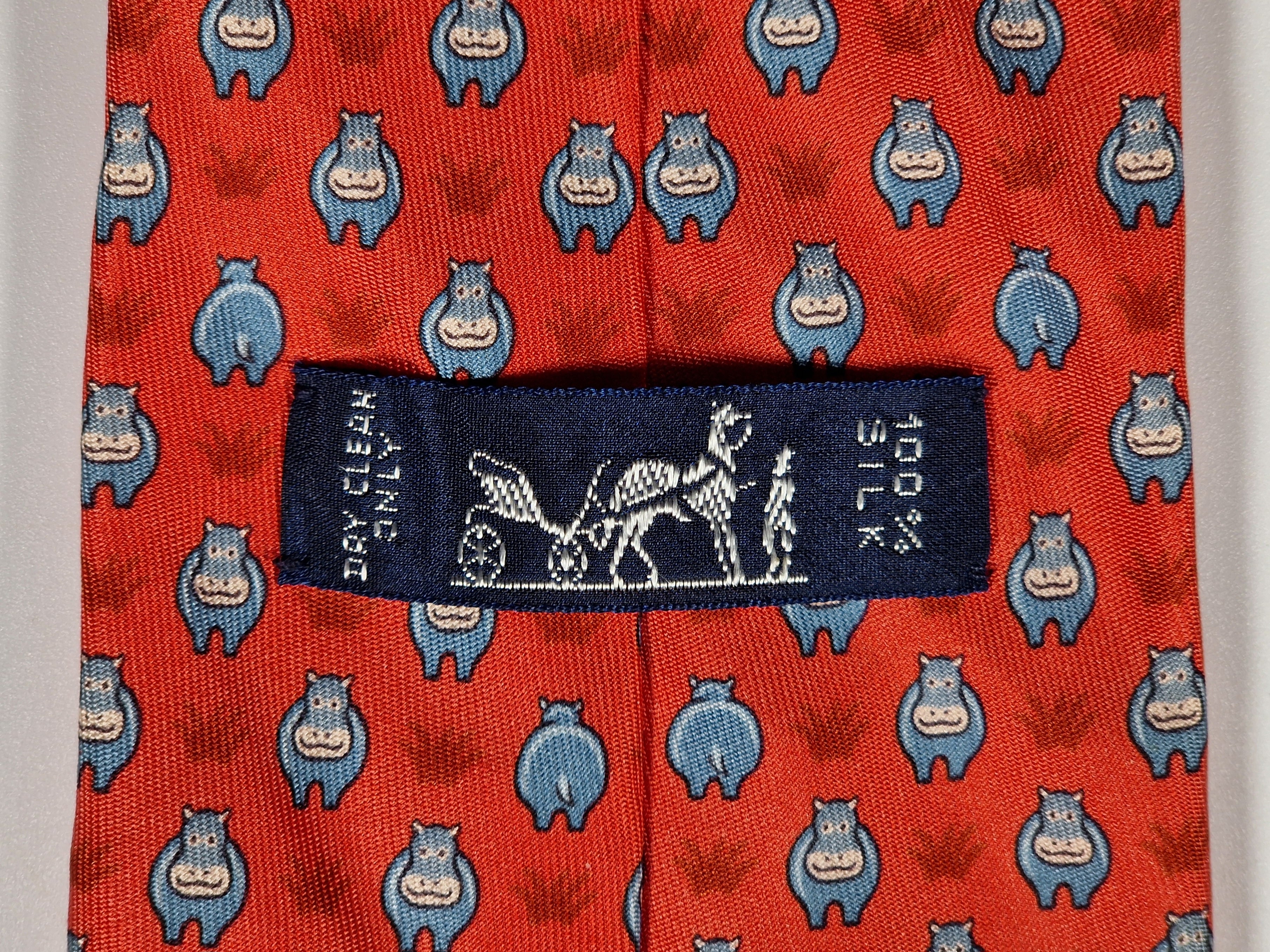 Hermès silk tie red Whimsical Hippo pattern 5195 IA