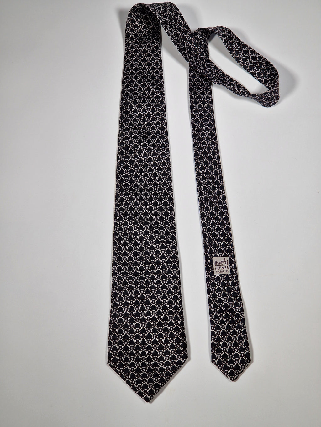 Hermès silk tie black equestrian pattern 5200 IA